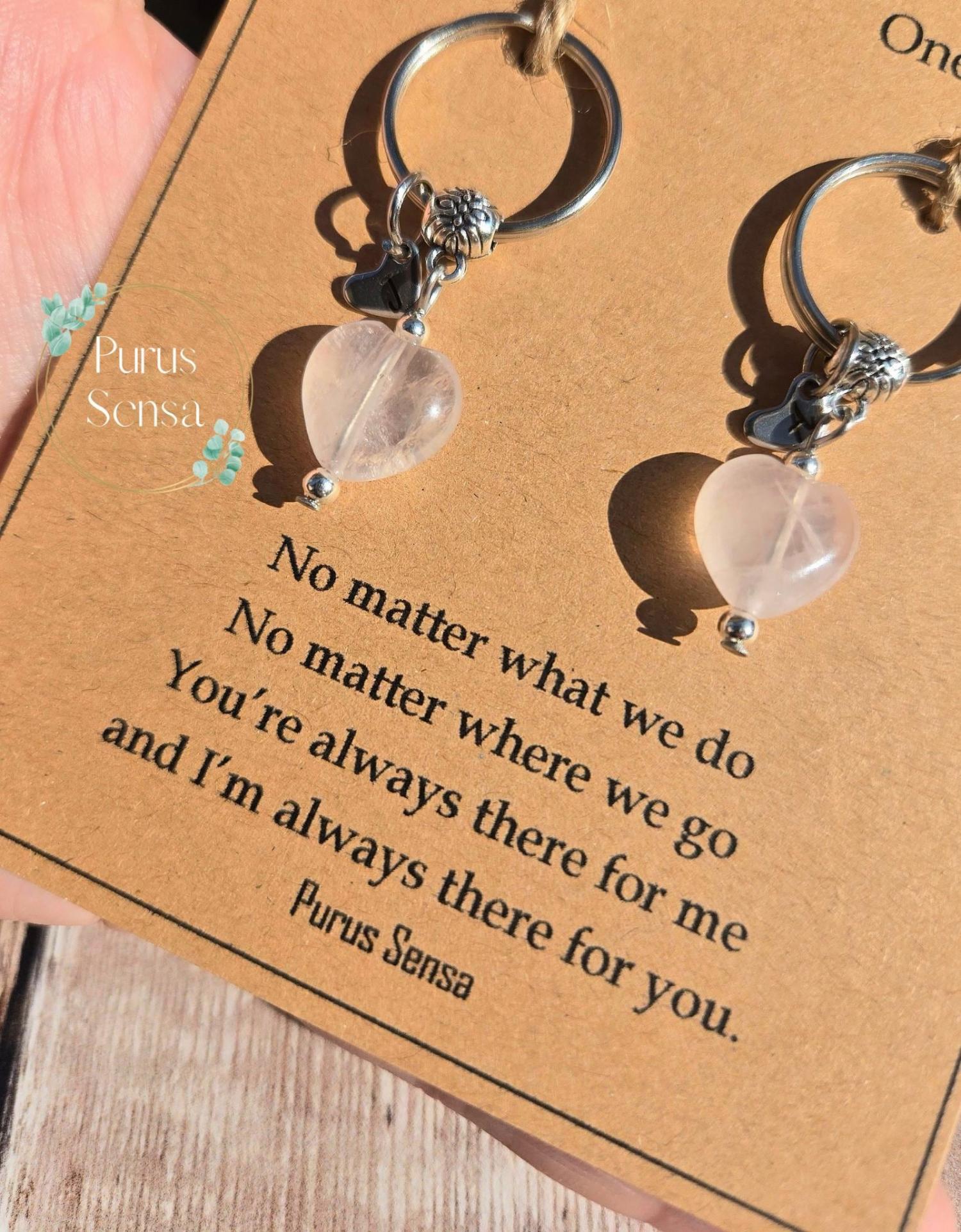 Crystal gift set. matching keyrings for friendship, bestie, sister, lover, boyfriend, girlfriend. rose quartz. birthday gift. Love Gift set