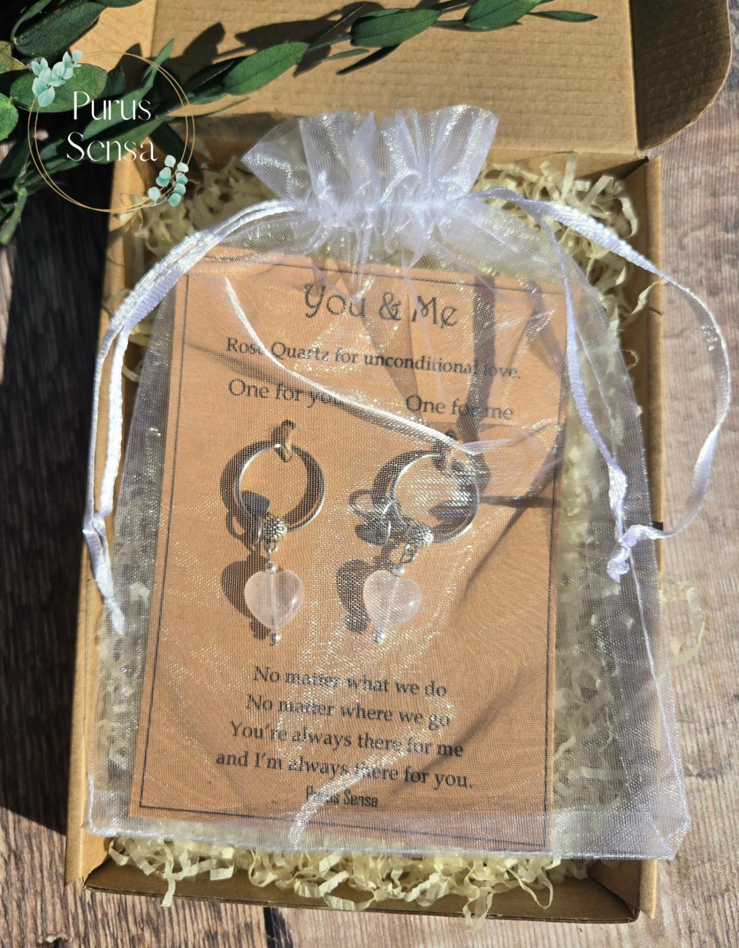 Crystal gift set. matching keyrings for friendship, bestie, sister, lover, boyfriend, girlfriend. rose quartz. birthday gift. Love Gift set