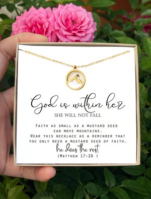 gift for her sister in Christ Mustard seed necklace Mountain Faith Christian jewelry Pearl friend church Christmas gift for daughter GOD