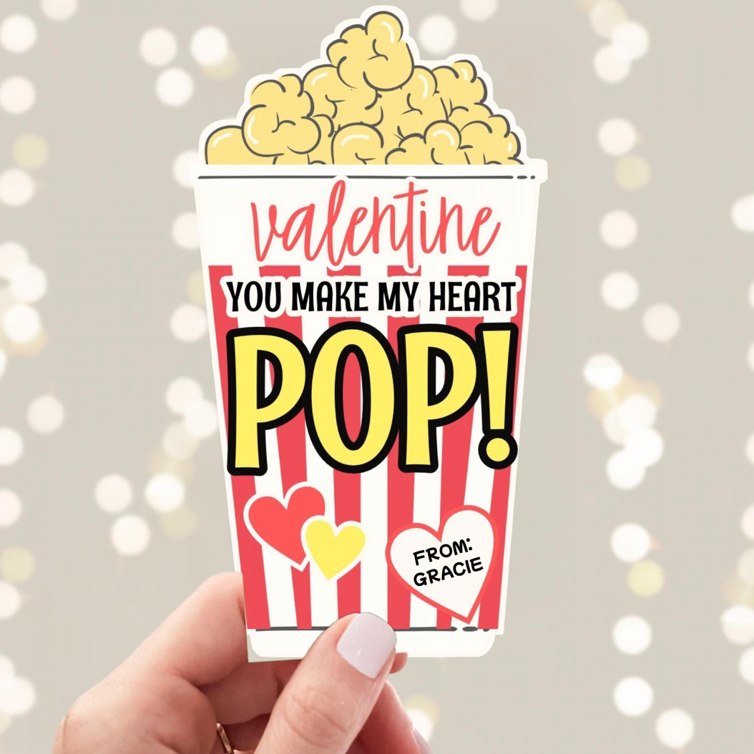 Valentine Popcorn Stickers, Valentine's Day Stickers, Boy Girl Kids Classroom Labels, Poppin' Valentines Labels, Popcorn Bag Sticker