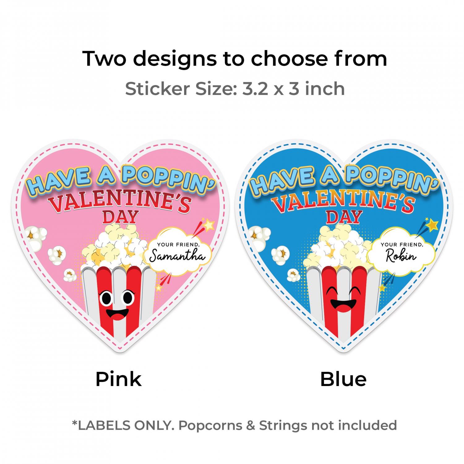 Personalized Popcorn Valentine Stickers: Heart Shaped Labels