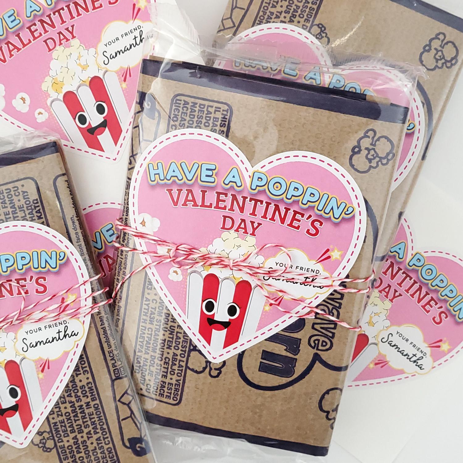 Personalized Popcorn Valentine Stickers: Heart Shaped Labels
