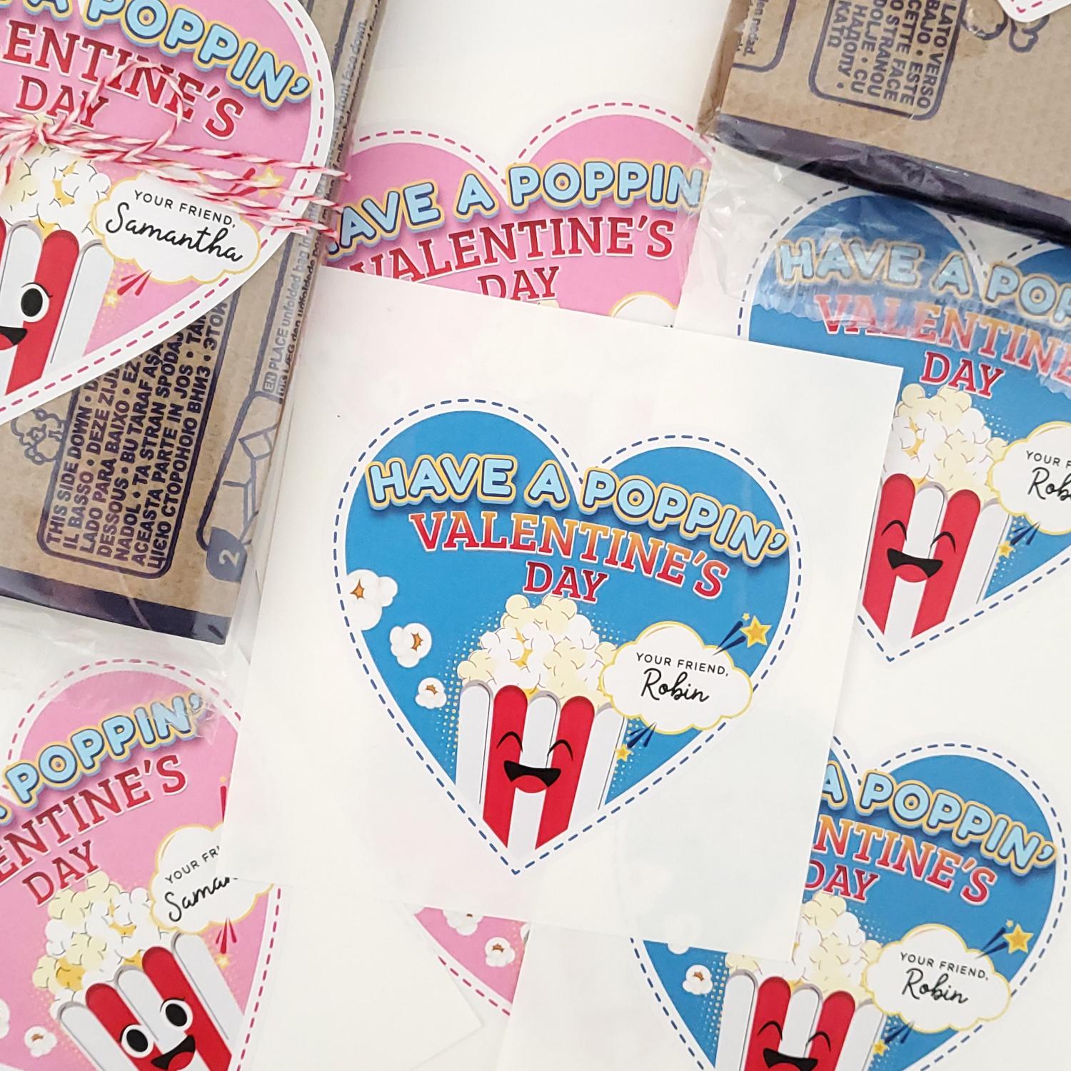Personalized Popcorn Valentine Stickers: Heart Shaped Labels