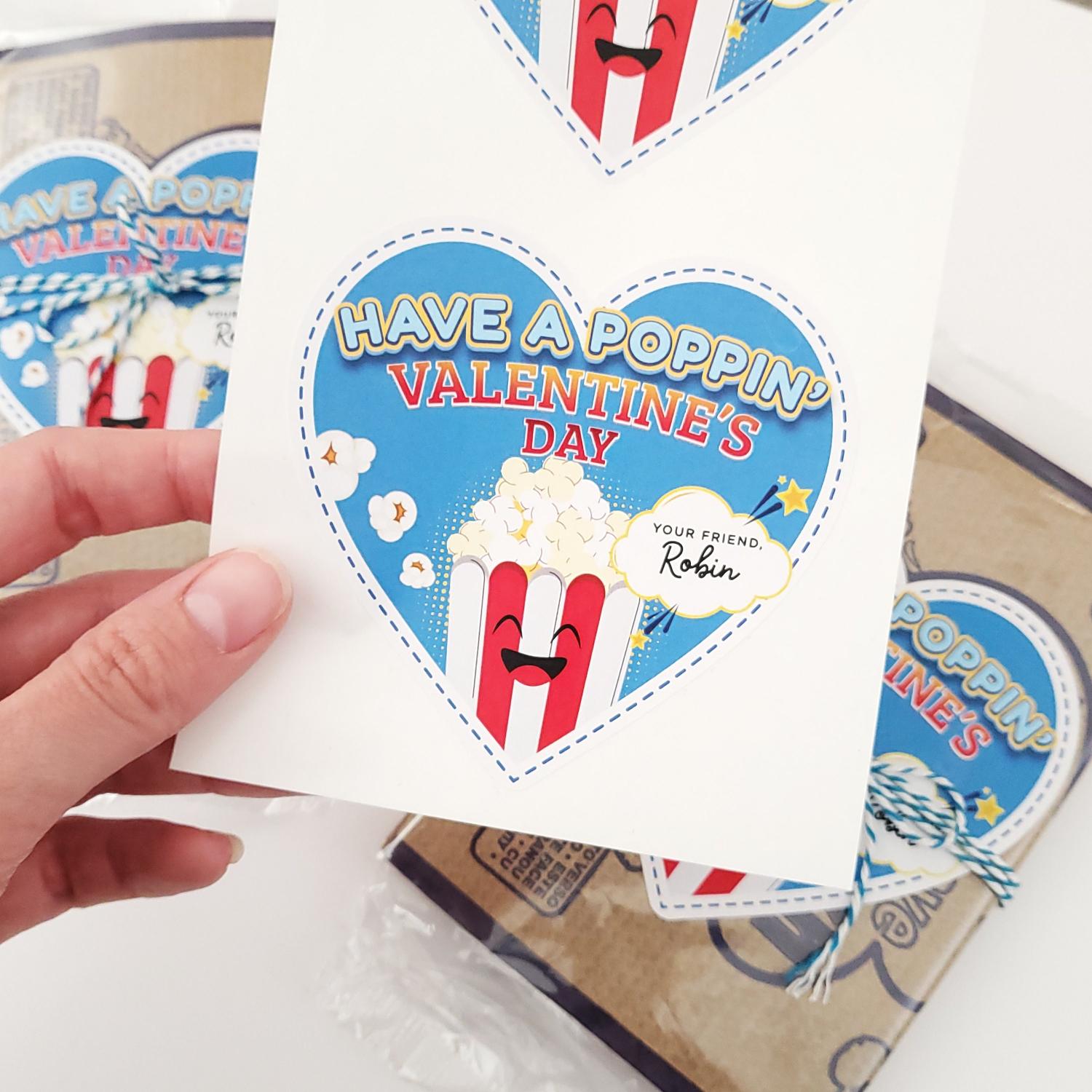 Personalized Popcorn Valentine Stickers: Heart Shaped Labels