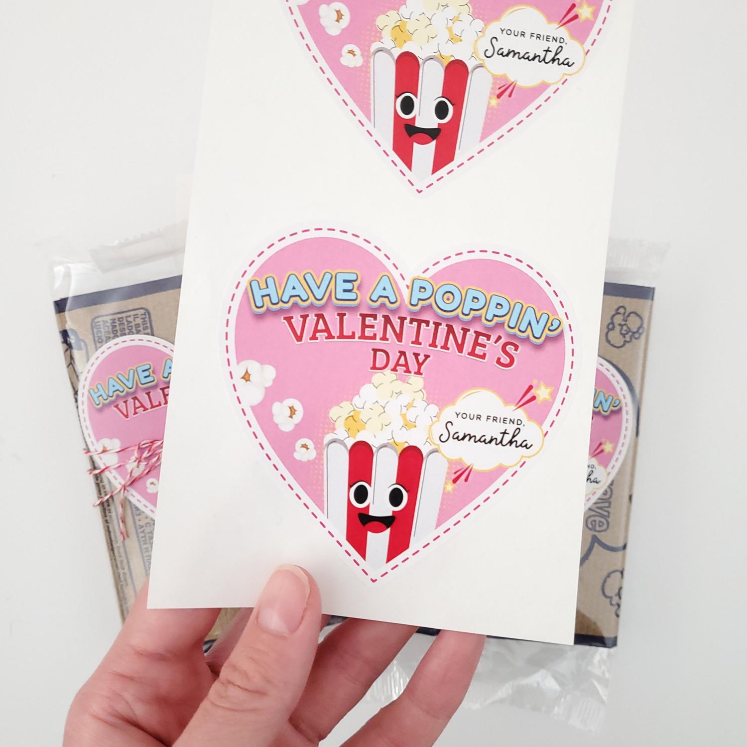 Personalized Popcorn Valentine Stickers: Heart Shaped Labels