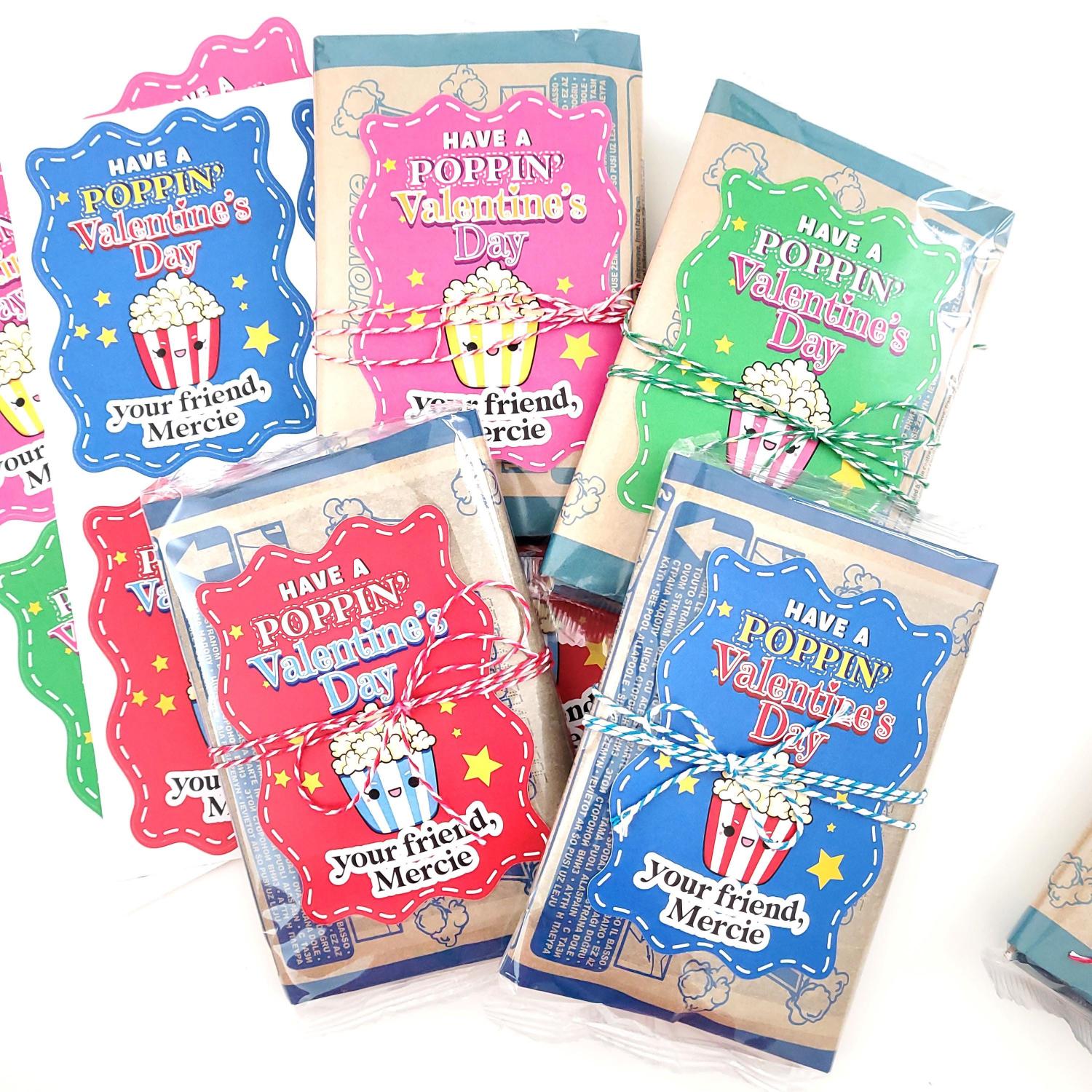 Personalized Kids Valentine's Day Popcorn Stickers: School Class Favors