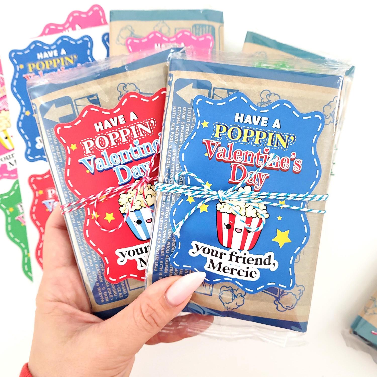 Personalized Kids Valentine's Day Popcorn Stickers: School Class Favors