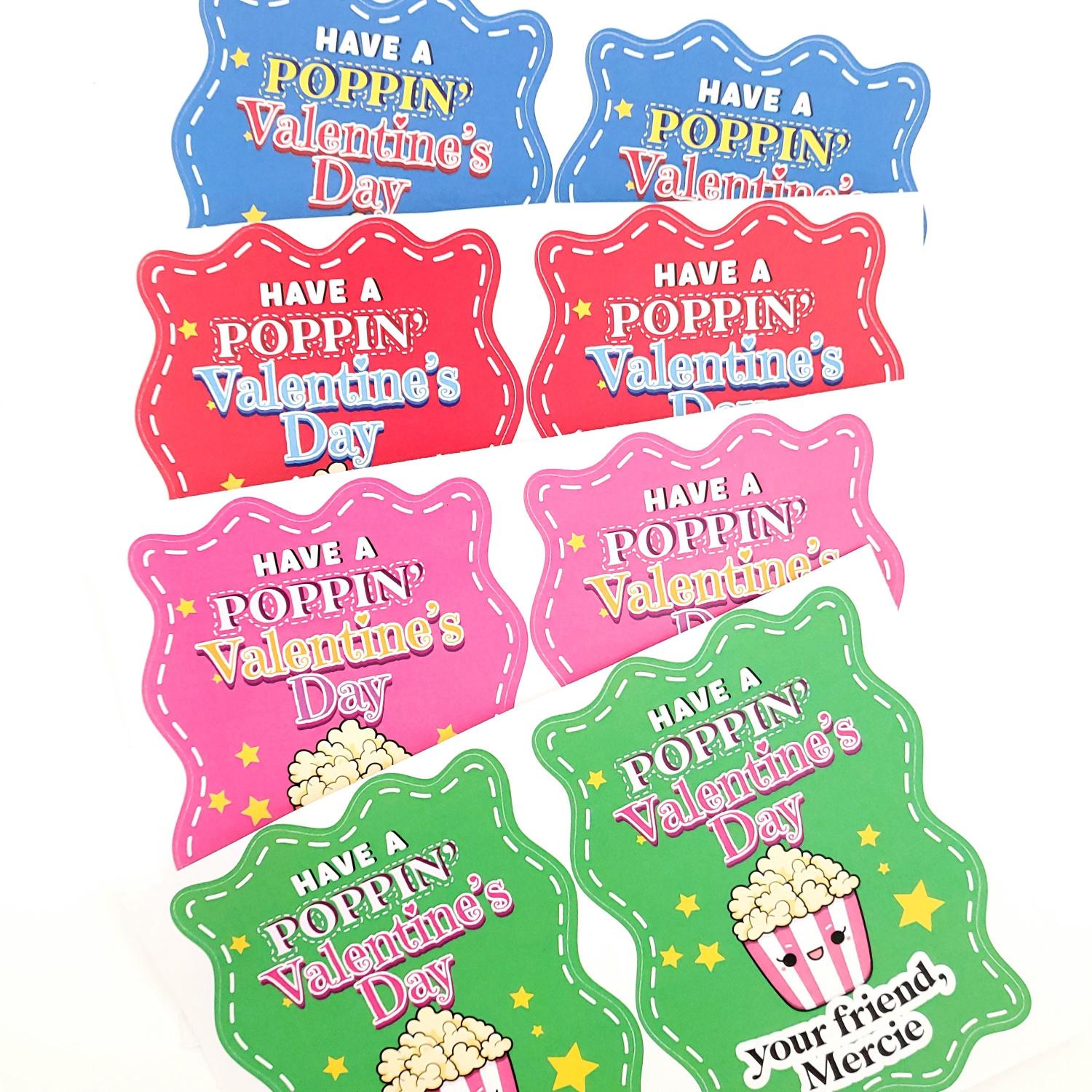 Personalized Kids Valentine's Day Popcorn Stickers: School Class Favors