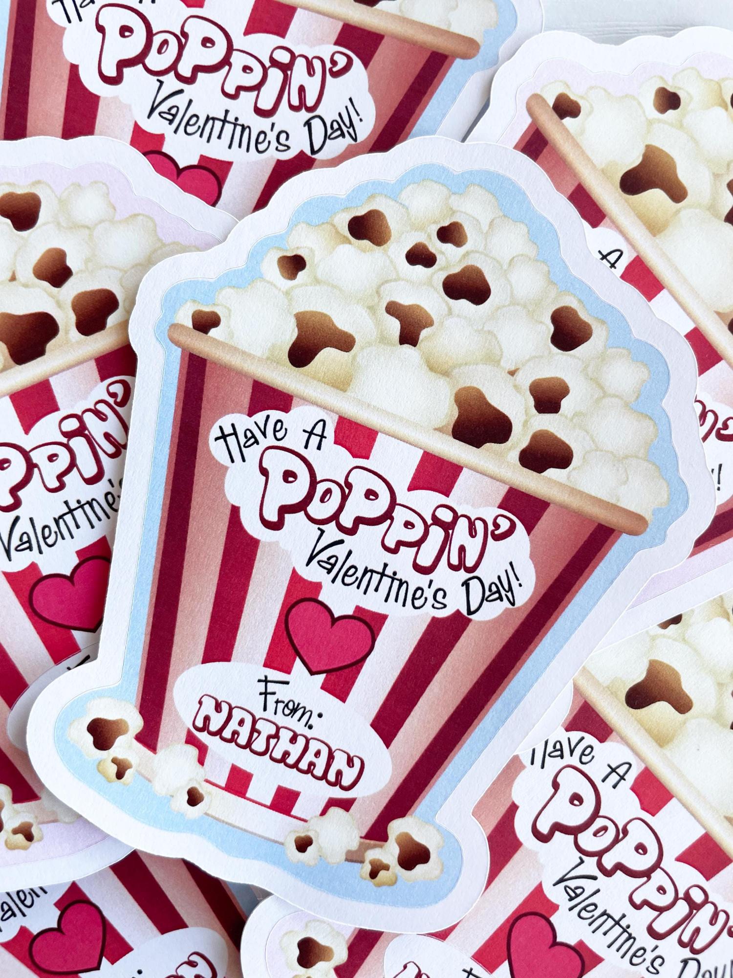 Kids Valentines, Valentine Popcorn Stickers, Die Cut Valentine Popcorn Stickers, Kids classroom Poppin Valentines, Valentines for Boys Girls