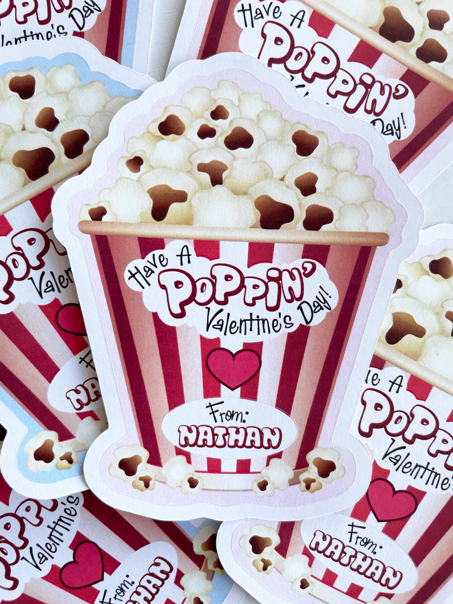 Kids Valentines, Valentine Popcorn Stickers, Die Cut Valentine Popcorn Stickers, Kids classroom Poppin Valentines, Valentines for Boys Girls