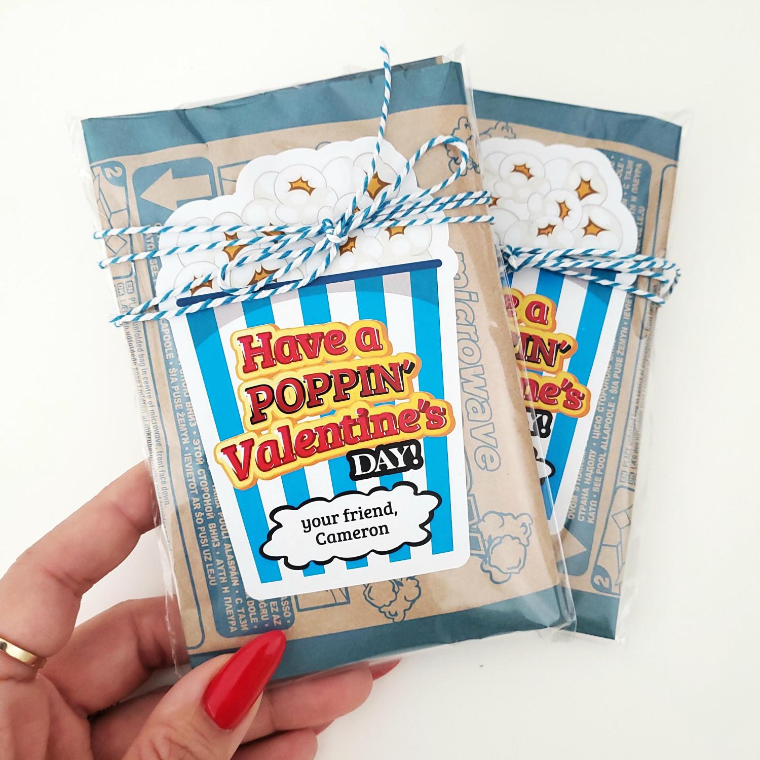Personalized Popcorn Valentine's Day Stickers: School Valentine Labels