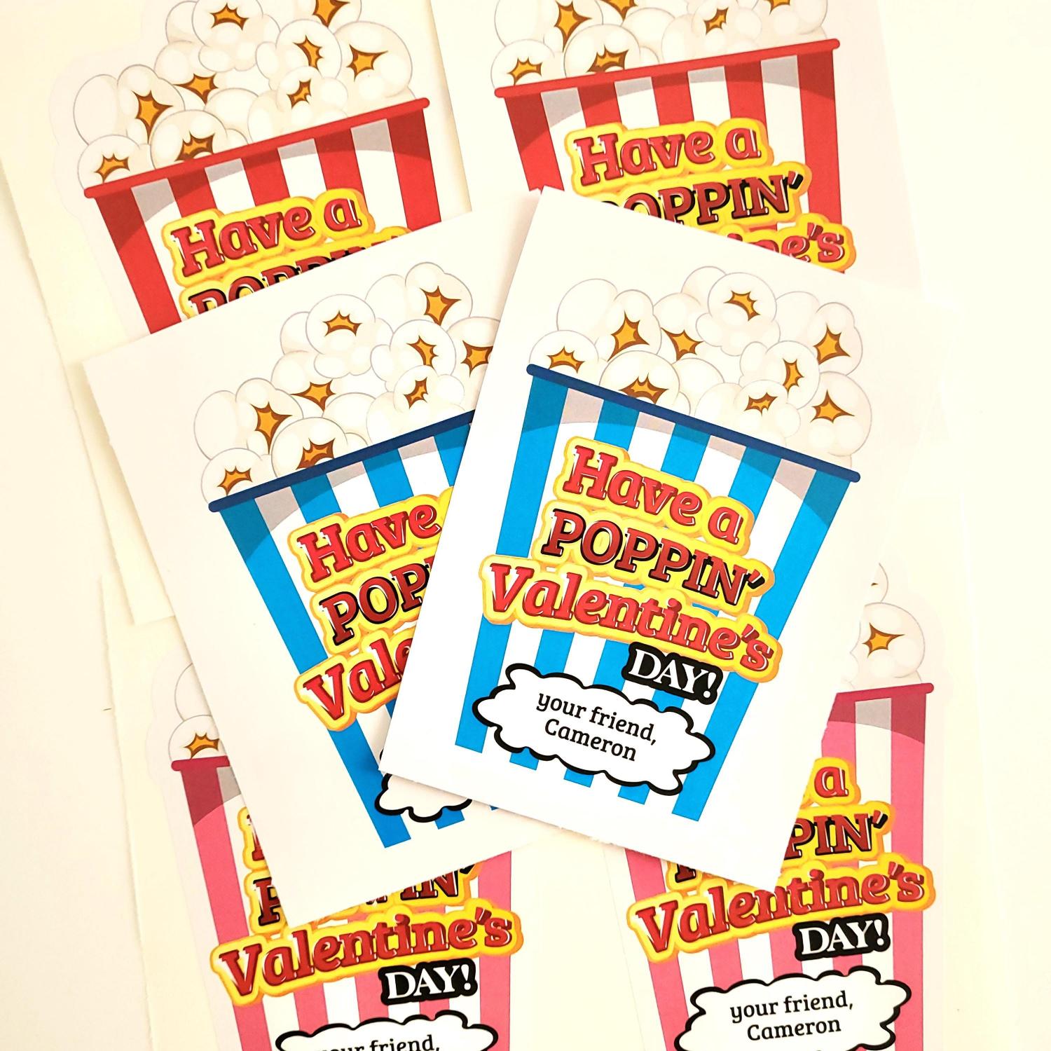 Personalized Popcorn Valentine's Day Stickers: School Valentine Labels