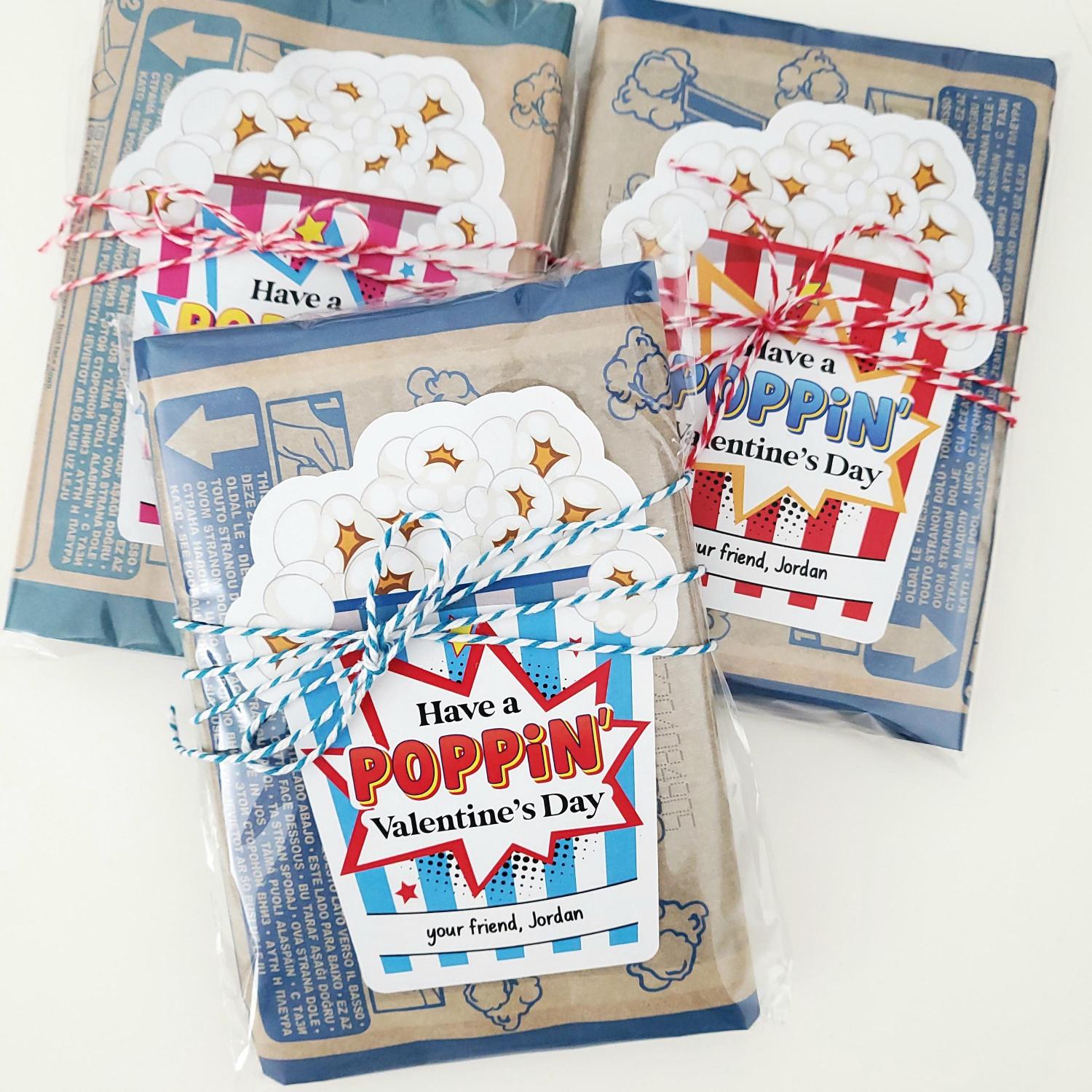 Personalized Kids Valentines Popcorn Stickers: School Favors