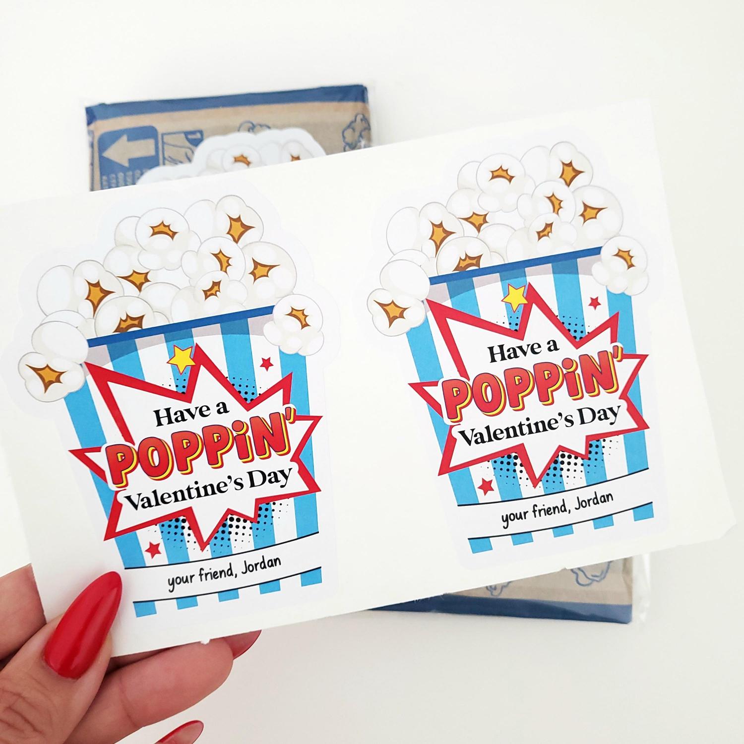 Personalized Kids Valentines Popcorn Stickers: School Favors