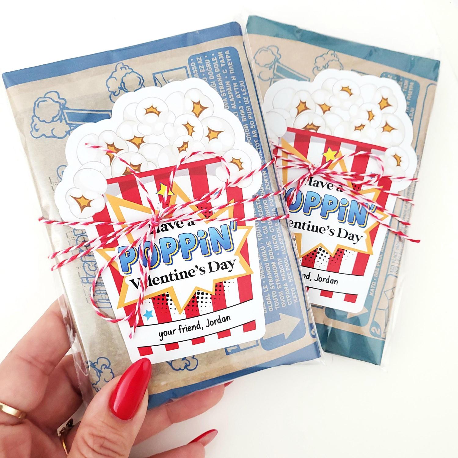 Personalized Kids Valentines Popcorn Stickers: School Favors