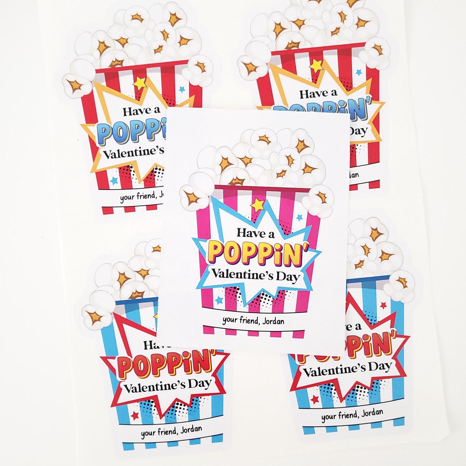Personalized Kids Valentines Popcorn Stickers: School Favors