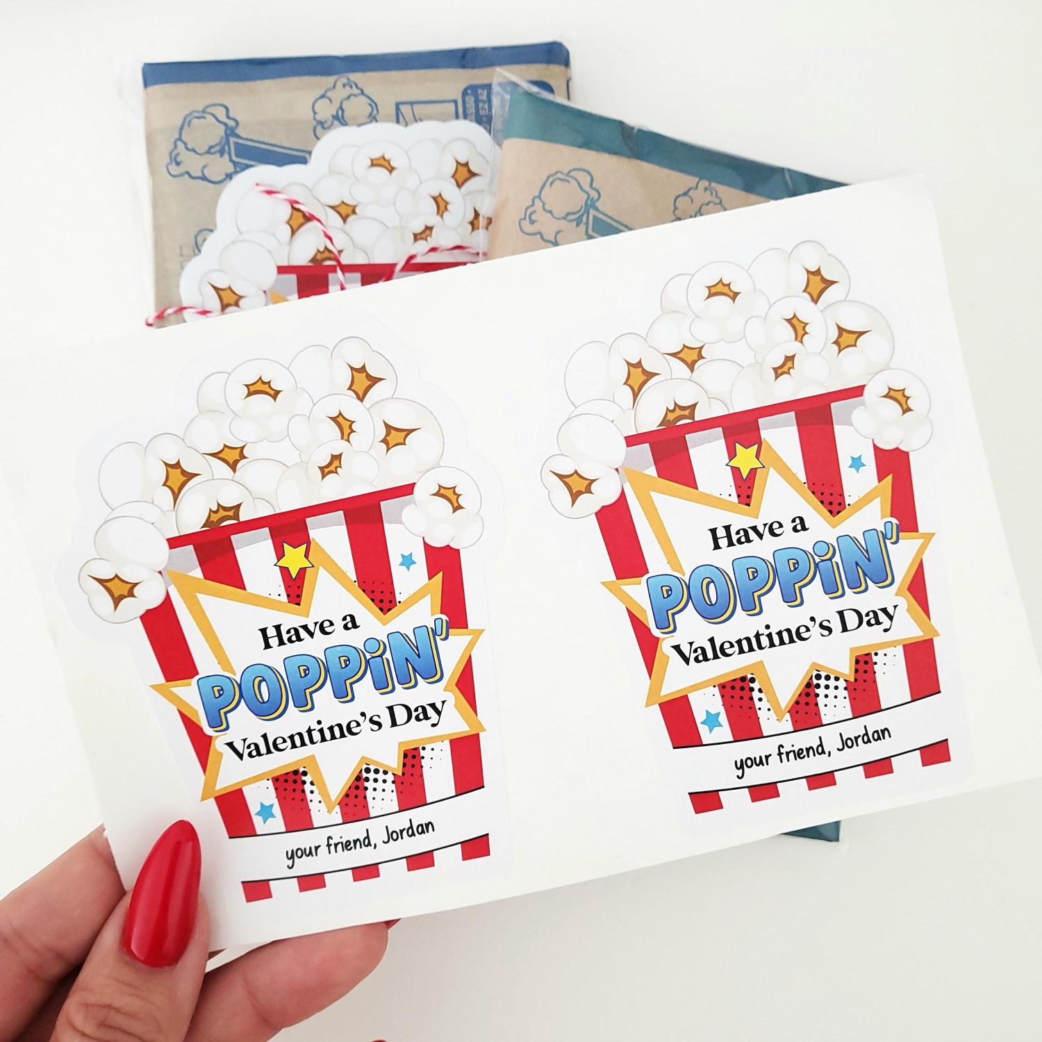 Personalized Kids Valentines Popcorn Stickers: School Favors