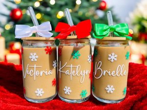Christmas Iced Coffee Glass, Personalized Christmas Glasses, Christmas Gifts for Friends, Christmas Gifts for Coworkers, Party Favors