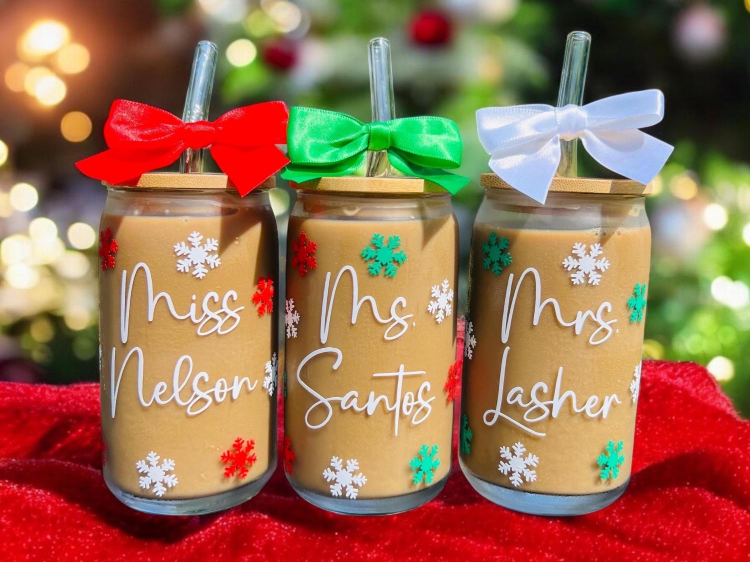 Christmas Iced Coffee Glass, Personalized Christmas Glasses, Christmas Gifts for Friends, Christmas Gifts for Coworkers, Party Favors
