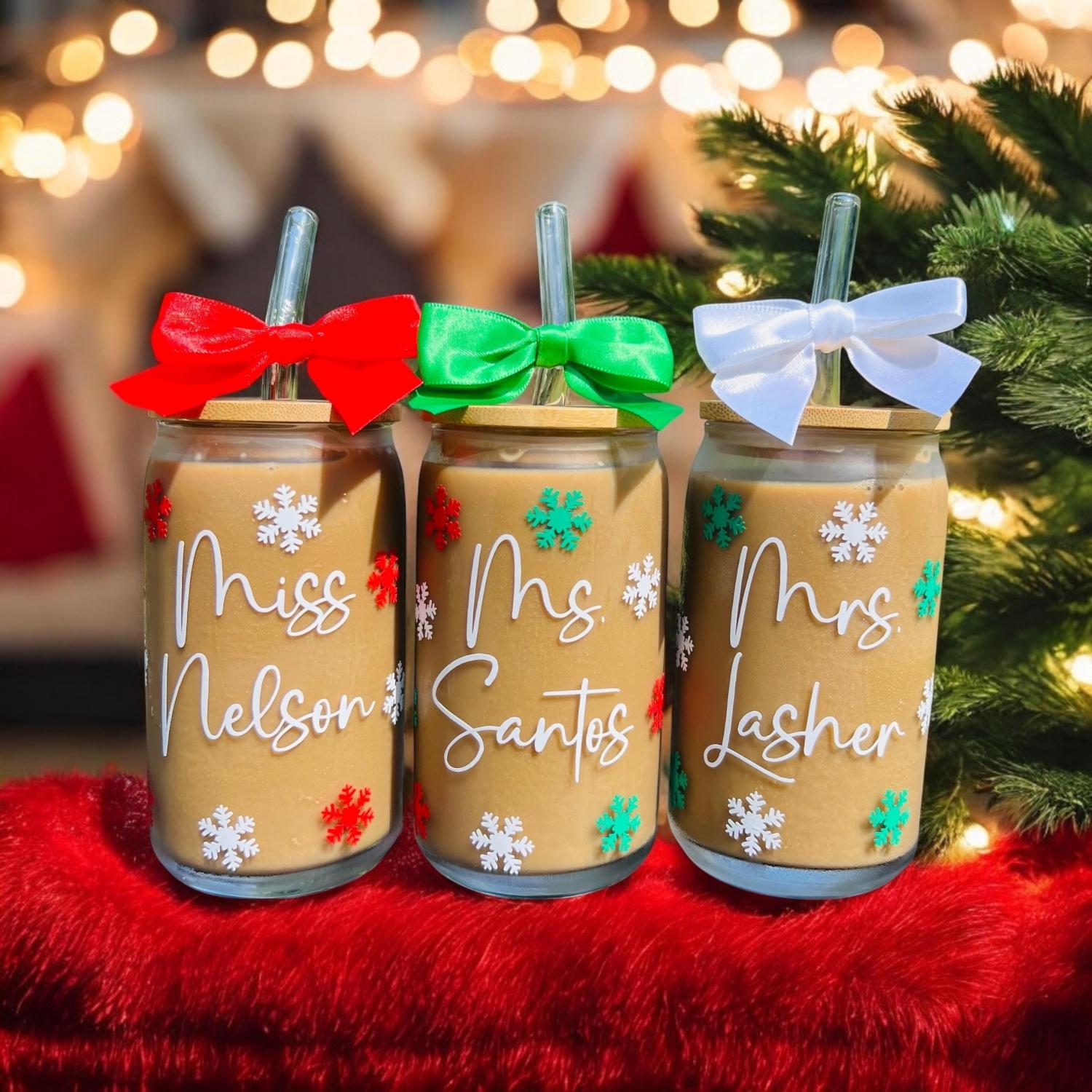 Christmas Iced Coffee Glass, Personalized Christmas Glasses, Christmas Gifts for Friends, Christmas Gifts for Coworkers, Party Favors