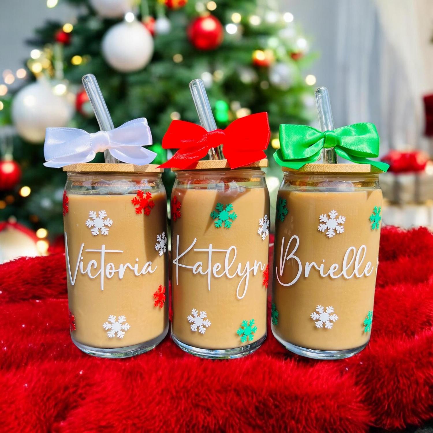 Christmas Iced Coffee Glass, Personalized Christmas Glasses, Christmas Gifts for Friends, Christmas Gifts for Coworkers, Party Favors