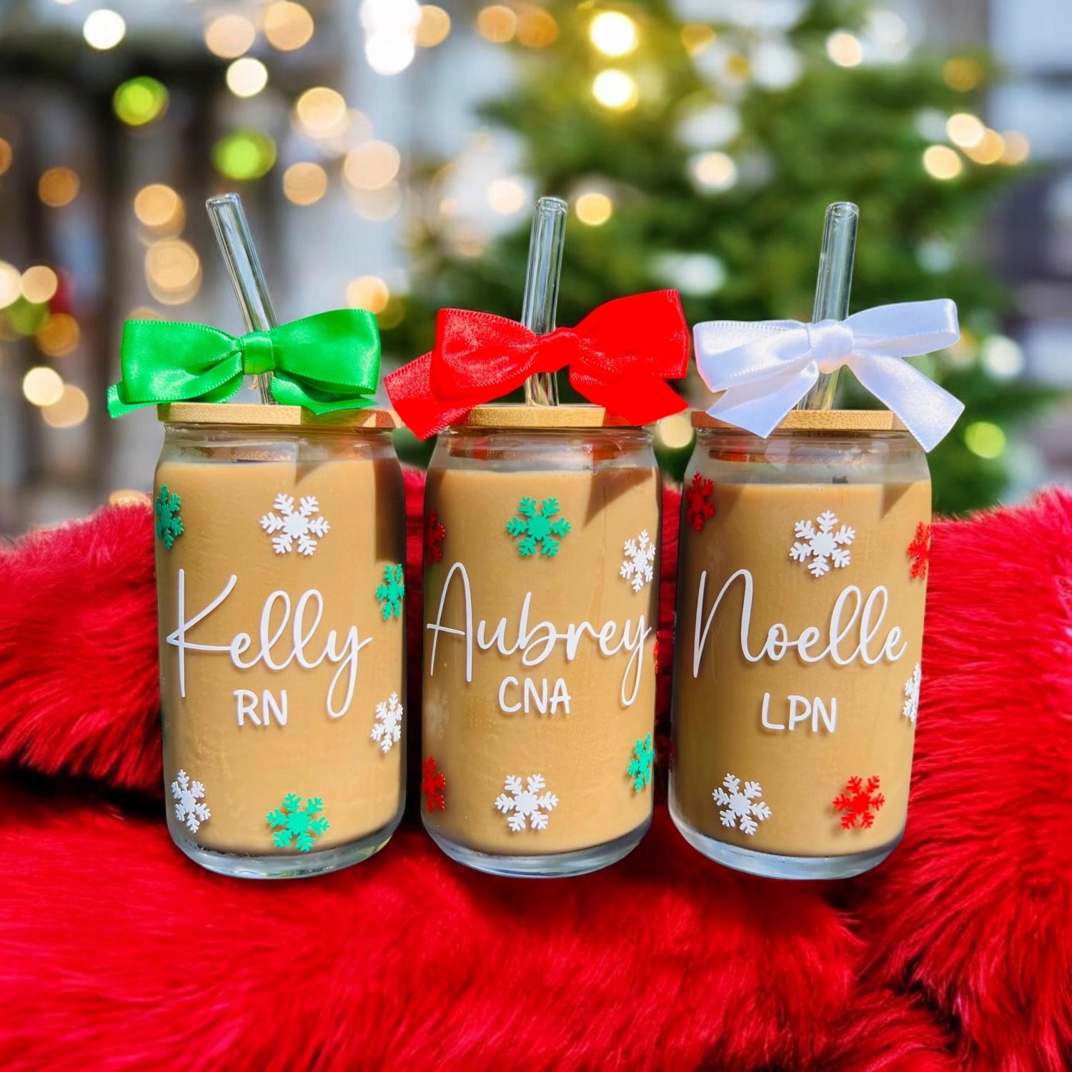 Christmas Iced Coffee Glass, Personalized Christmas Glasses, Christmas Gifts for Friends, Christmas Gifts for Coworkers, Party Favors