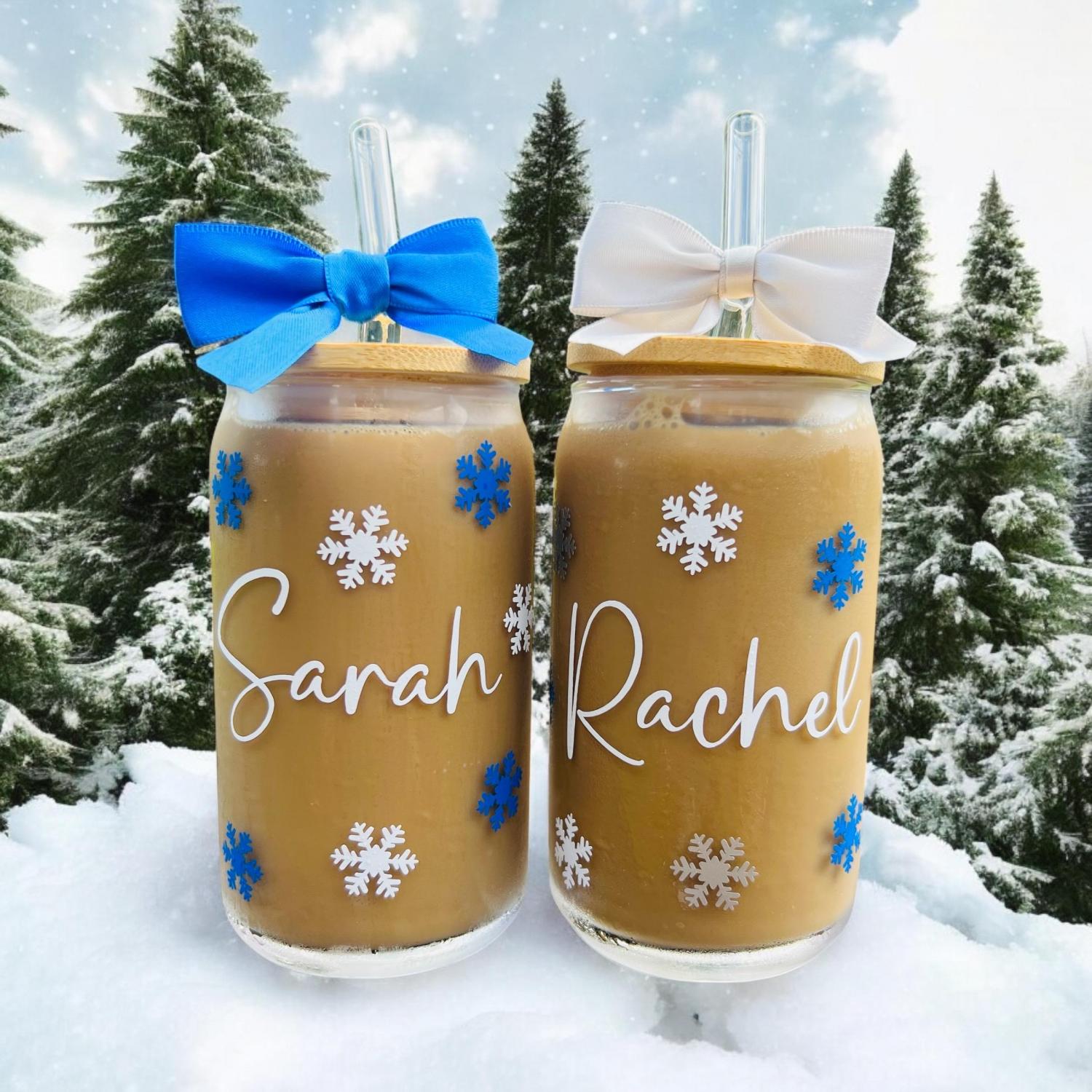 Christmas Iced Coffee Glass, Personalized Christmas Glasses, Christmas Gifts for Friends, Christmas Gifts for Coworkers, Party Favors