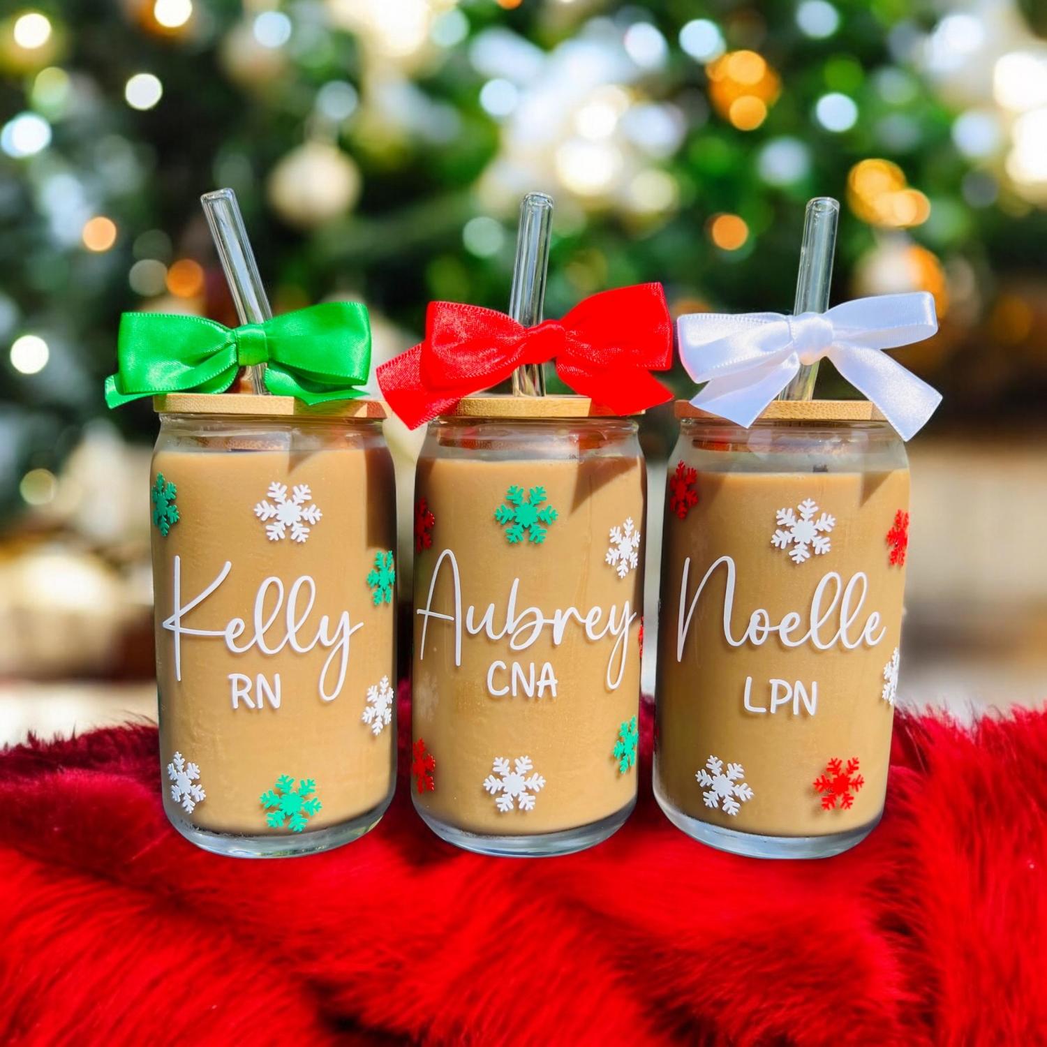 Christmas Iced Coffee Glass, Personalized Christmas Glasses, Christmas Gifts for Friends, Christmas Gifts for Coworkers, Party Favors