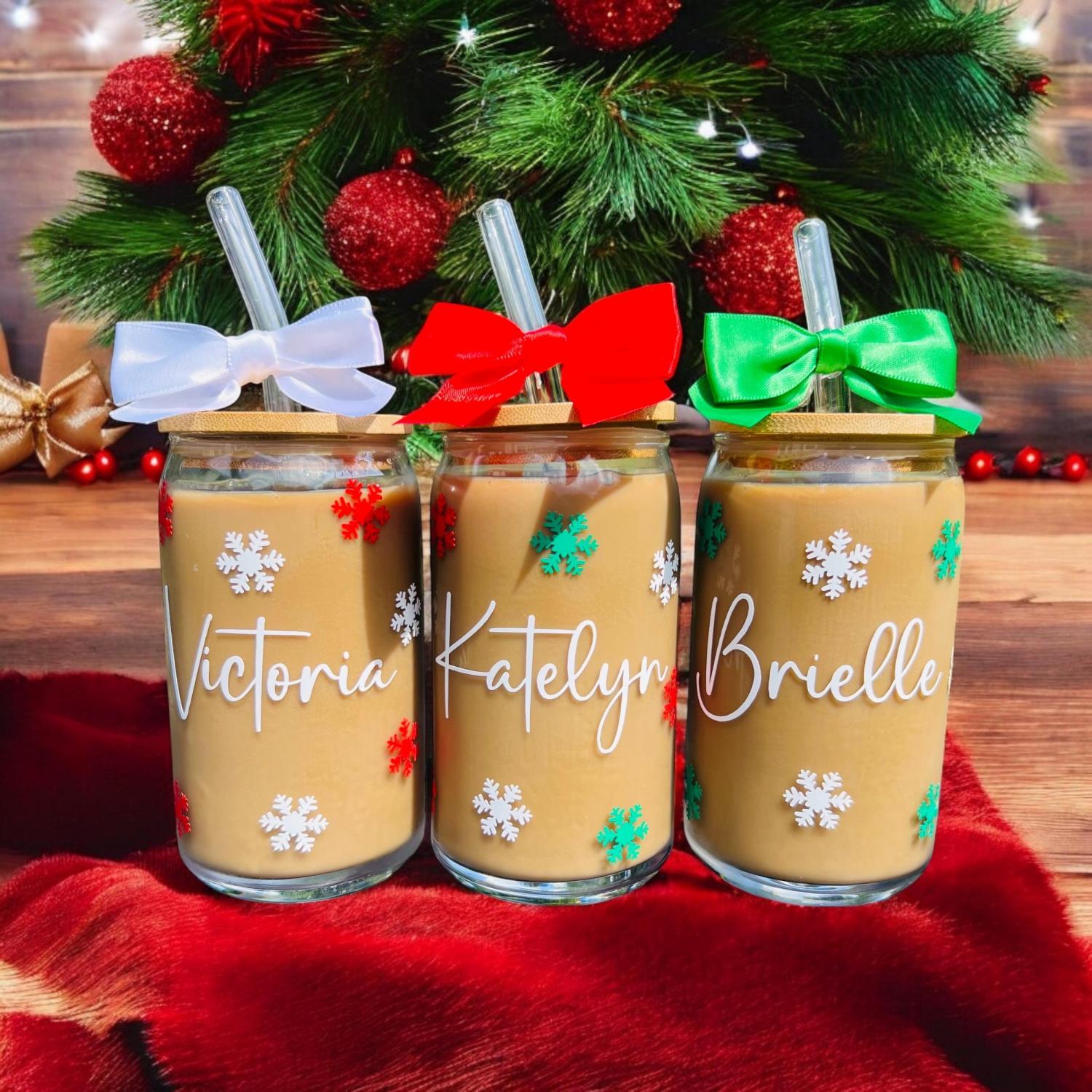 Christmas Iced Coffee Glass, Personalized Christmas Glasses, Christmas Gifts for Friends, Christmas Gifts for Coworkers, Party Favors