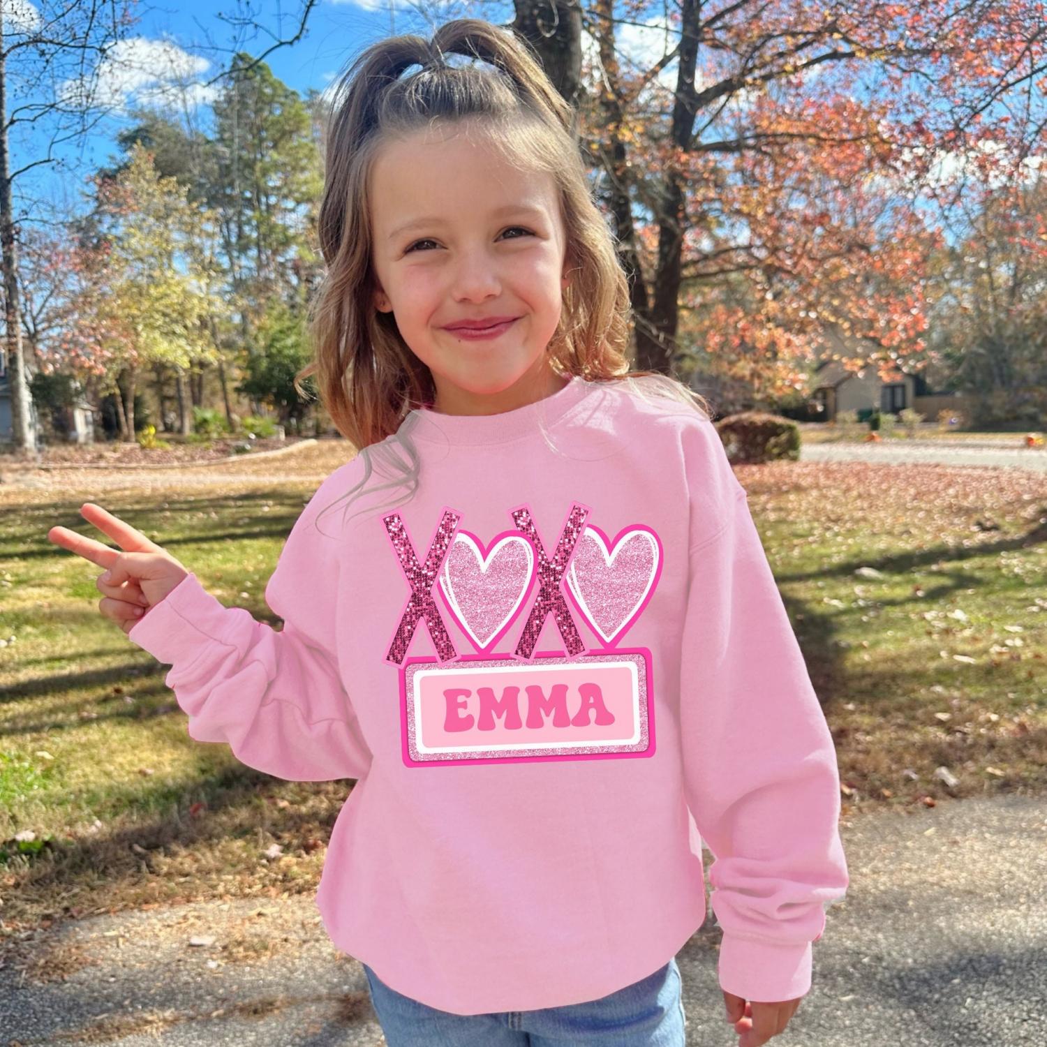 Valentines Day Shirt, For Girls, Faux Glitter Sweatshirt, Glitter Print Shirt, With Name, Valentine's Day Gift For Girl, Christmas Gift