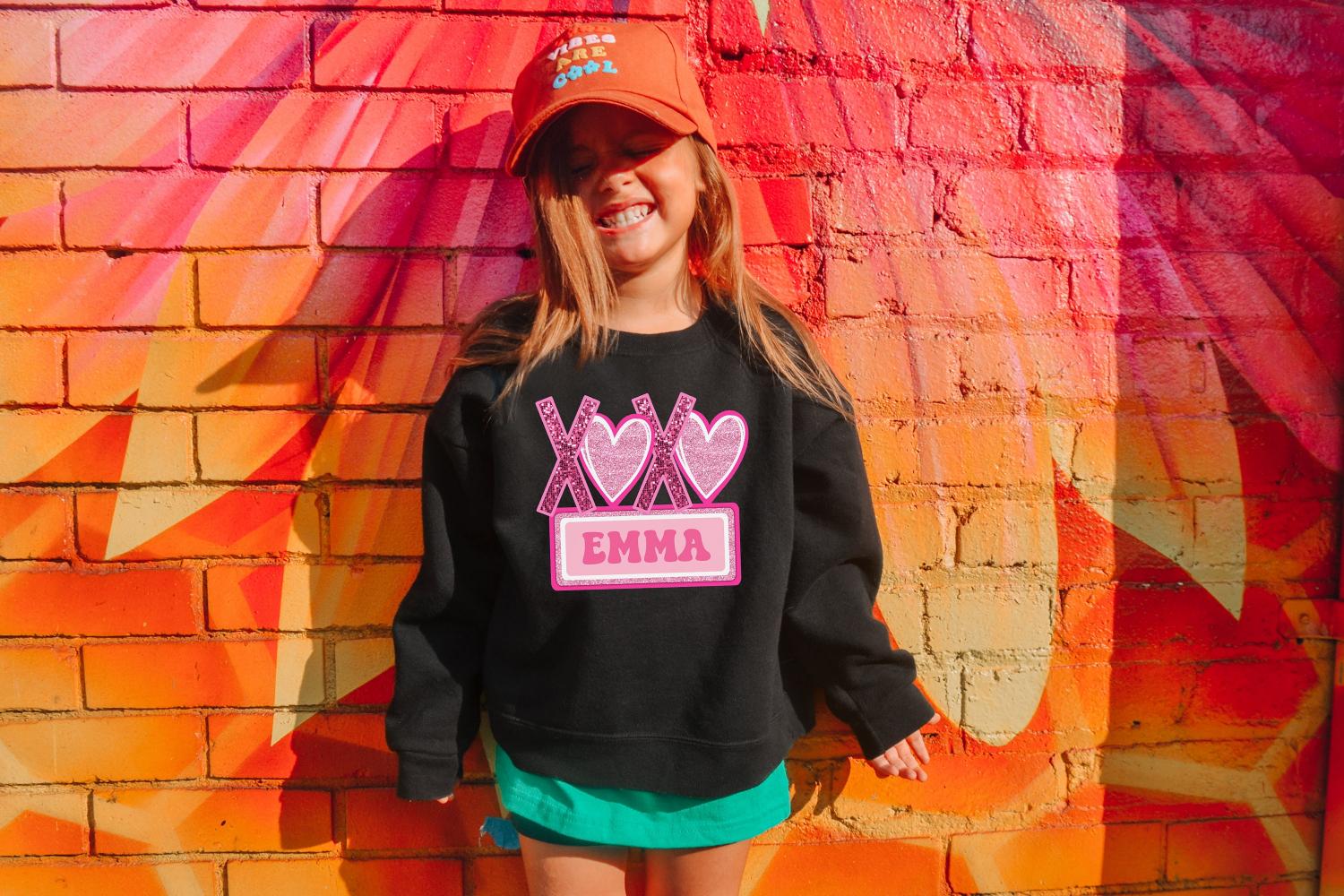 Valentines Day Shirt, For Girls, Faux Glitter Sweatshirt, Glitter Print Shirt, With Name, Valentine's Day Gift For Girl, Christmas Gift