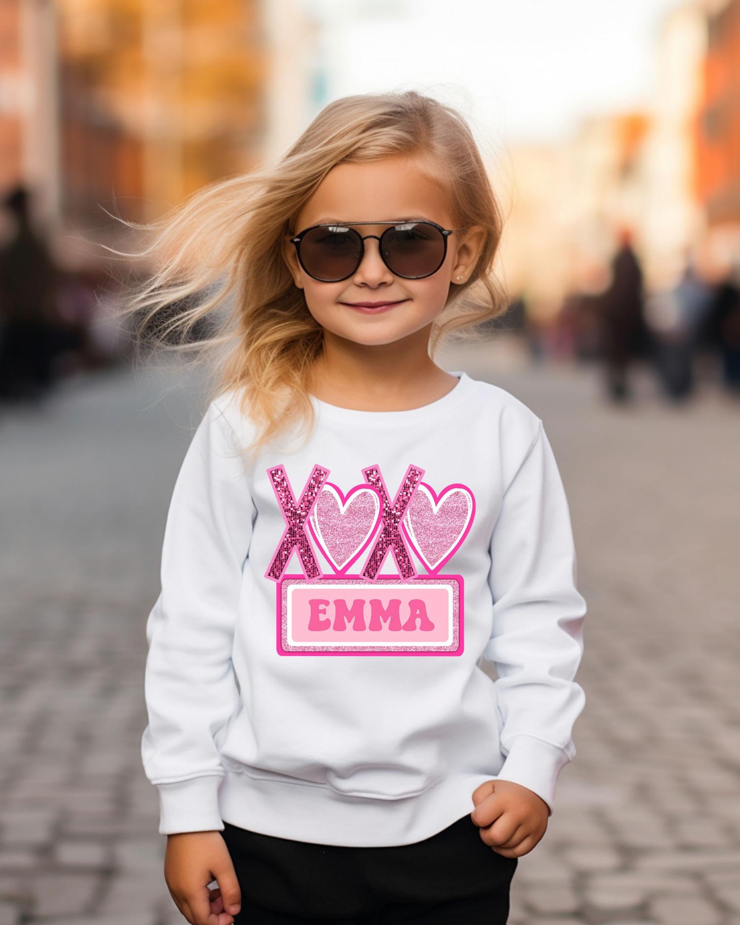 Valentines Day Shirt, For Girls, Faux Glitter Sweatshirt, Glitter Print Shirt, With Name, Valentine's Day Gift For Girl, Christmas Gift