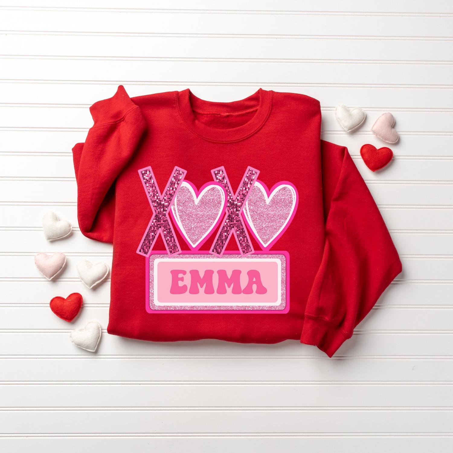 Valentines Day Shirt, For Girls, Faux Glitter Sweatshirt, Glitter Print Shirt, With Name, Valentine's Day Gift For Girl, Christmas Gift