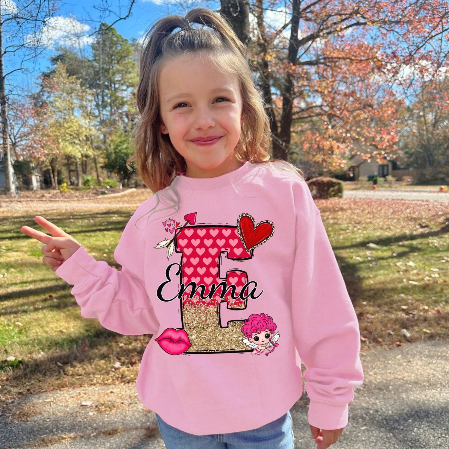 Valentines Day Shirt, For Girls, Faux Glitter Sweatshirt, Glitter Print Shirt, With Name, Valentine's Day Gift For Girl, Monogrammed shirt