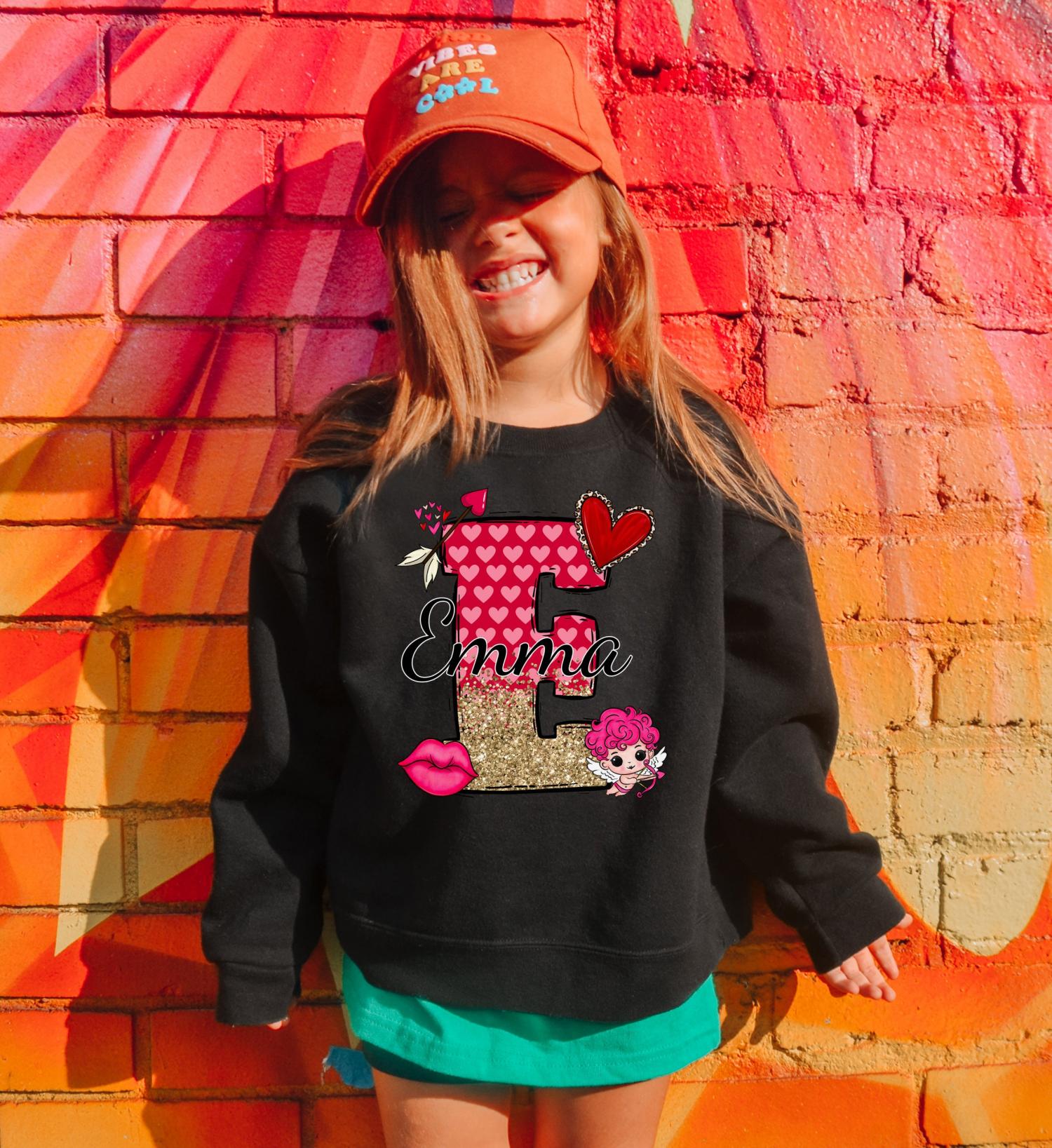 Valentines Day Shirt, For Girls, Faux Glitter Sweatshirt, Glitter Print Shirt, With Name, Valentine's Day Gift For Girl, Monogrammed shirt