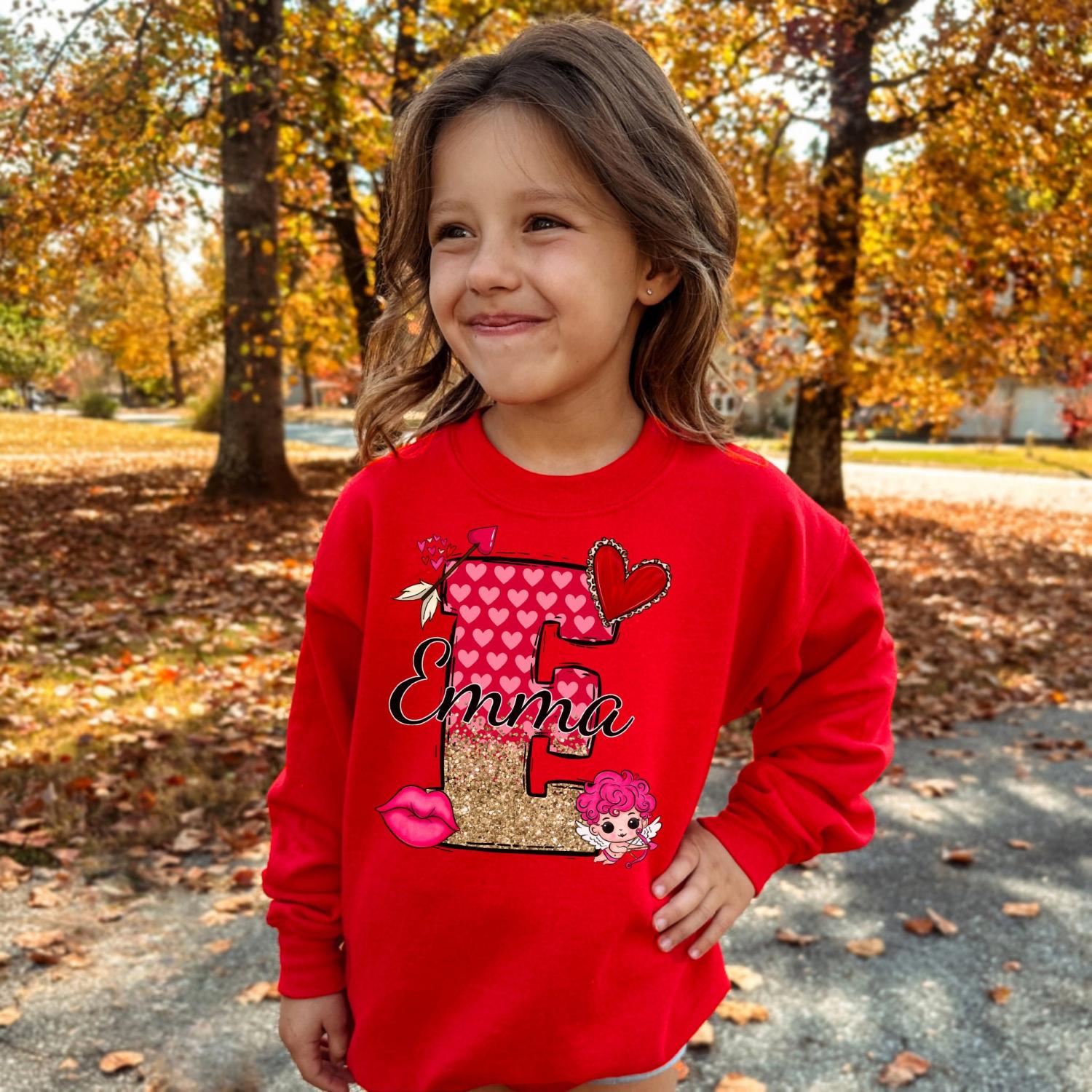 Valentines Day Shirt, For Girls, Faux Glitter Sweatshirt, Glitter Print Shirt, With Name, Valentine's Day Gift For Girl, Monogrammed shirt