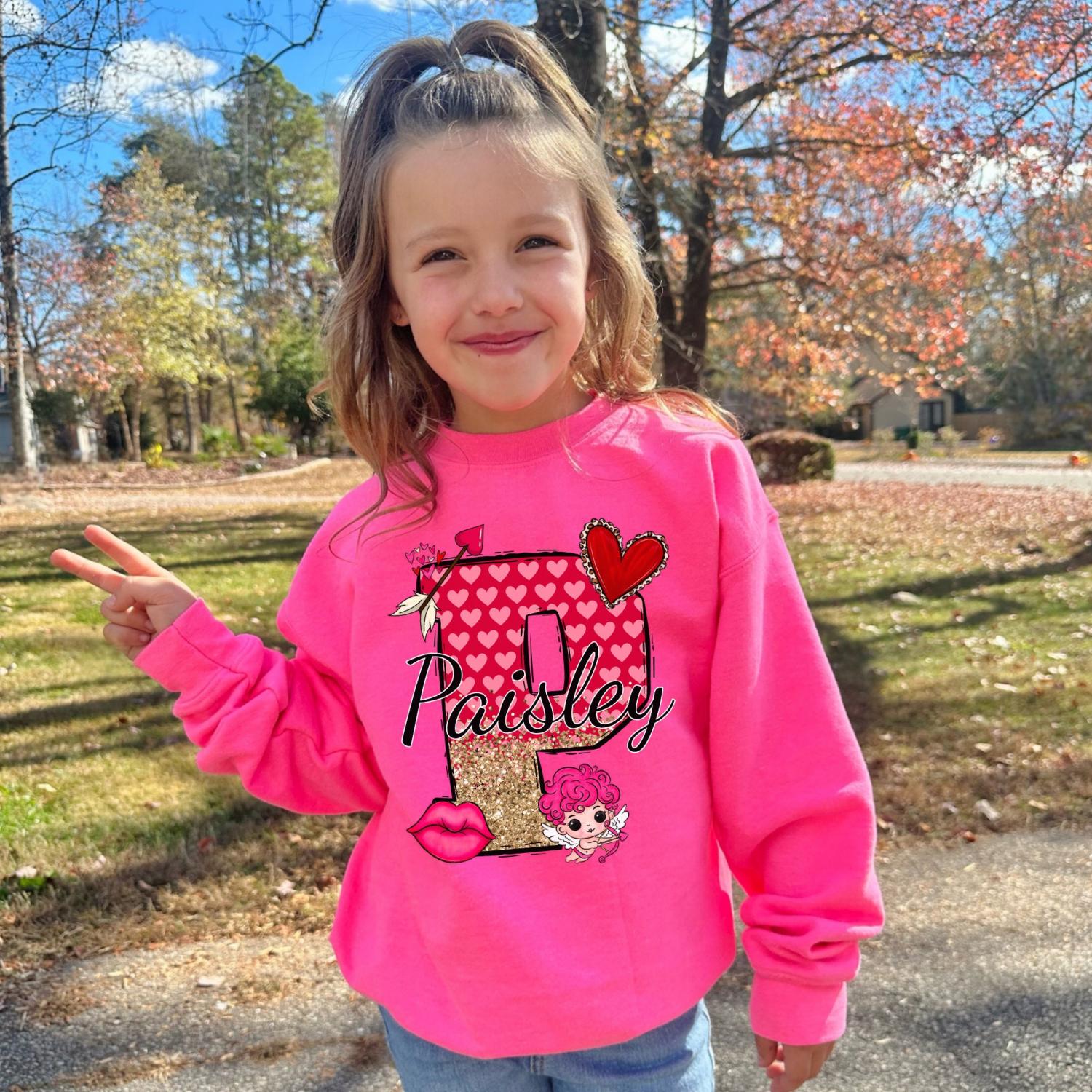 Valentines Day Shirt, For Girls, Faux Glitter Sweatshirt, Glitter Print Shirt, With Name, Valentine's Day Gift For Girl, Monogrammed shirt