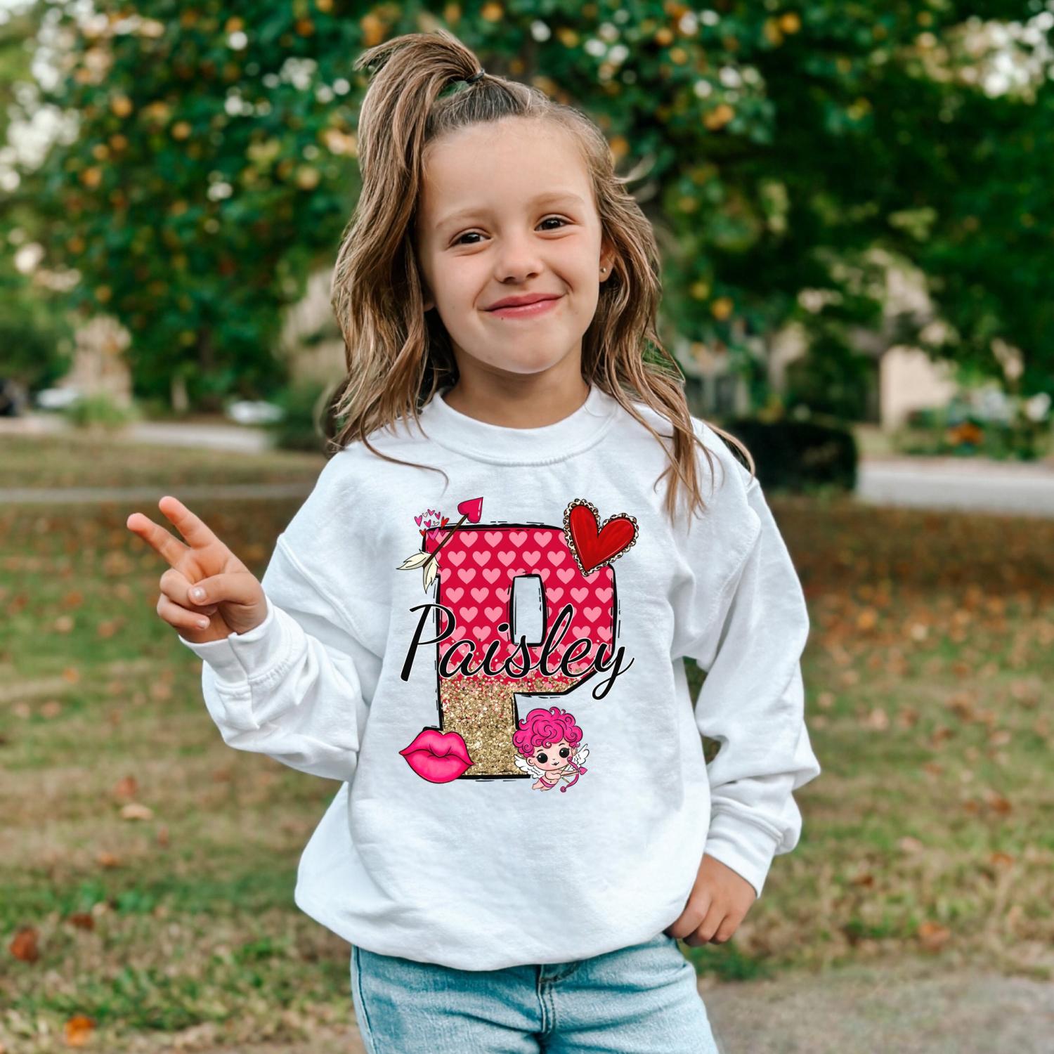 Valentines Day Shirt, For Girls, Faux Glitter Sweatshirt, Glitter Print Shirt, With Name, Valentine's Day Gift For Girl, Monogrammed shirt