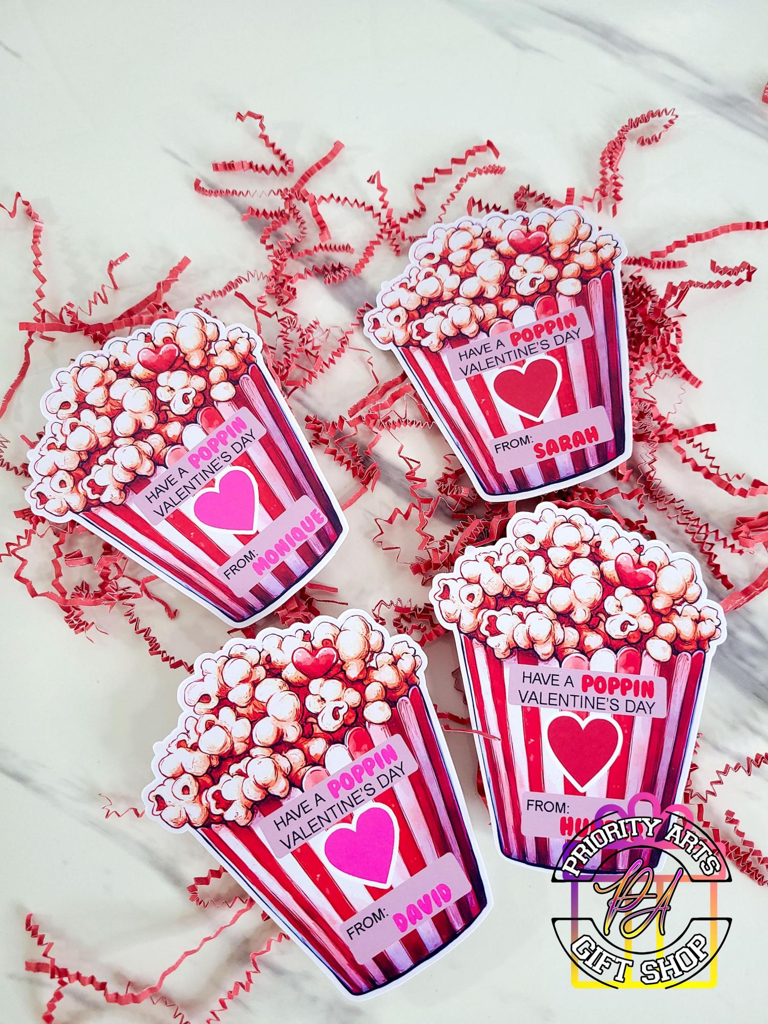 Valentine popcorn stickers set of 12, Valentine's Day stickers, Boy Girl Kids classroom labels Poppin' Valentine labels,popcorn bag sticker