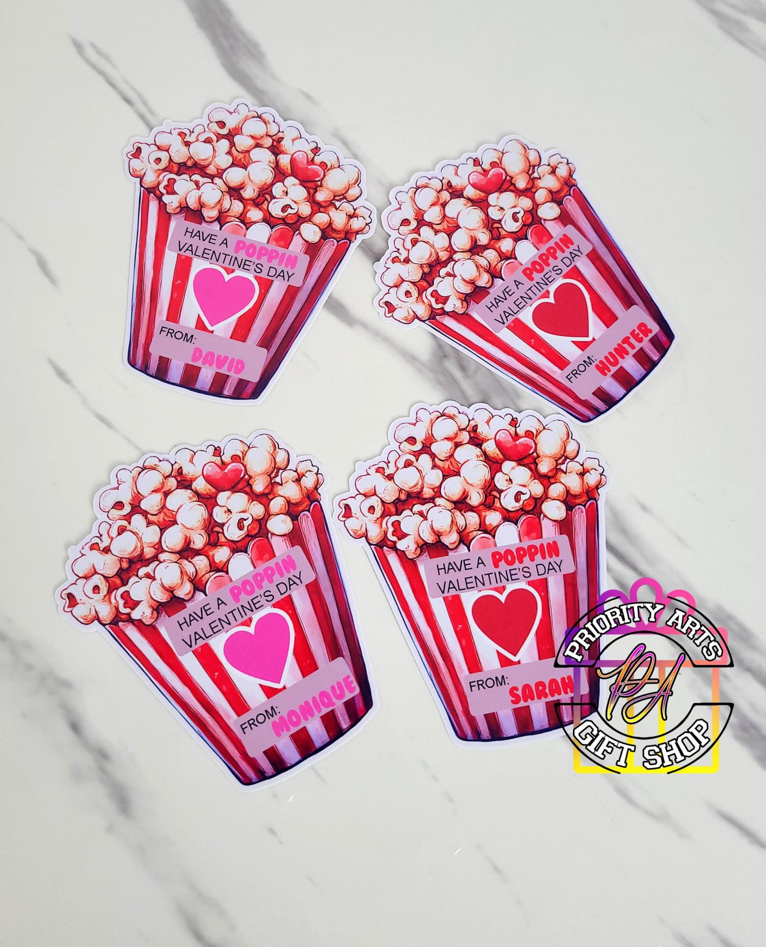 Valentine popcorn stickers set of 12, Valentine's Day stickers, Boy Girl Kids classroom labels Poppin' Valentine labels,popcorn bag sticker