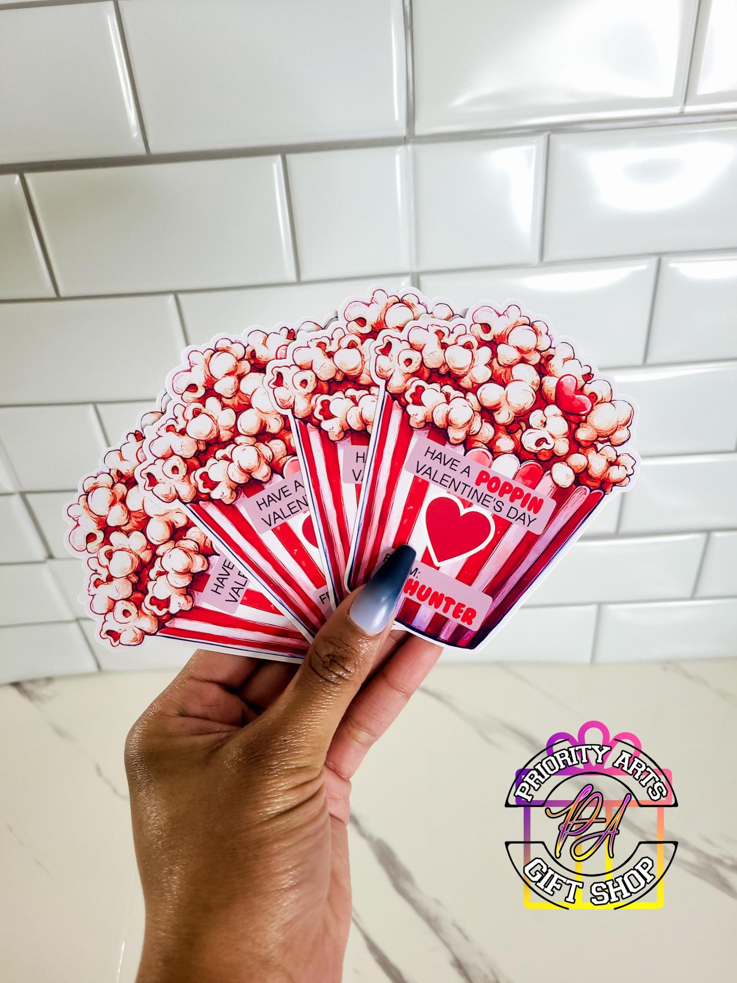 Valentine popcorn stickers set of 12, Valentine's Day stickers, Boy Girl Kids classroom labels Poppin' Valentine labels,popcorn bag sticker