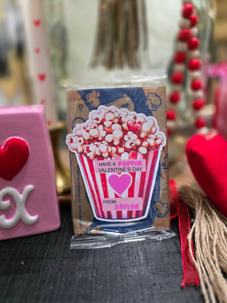 Valentine popcorn stickers set of 12, Valentine's Day stickers, Boy Girl Kids classroom labels Poppin' Valentine labels,popcorn bag sticker