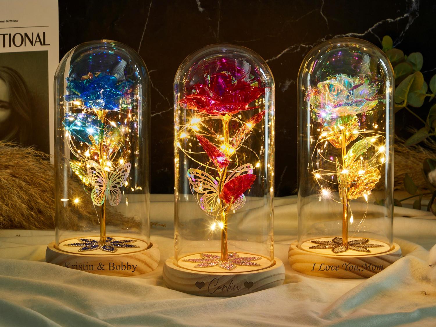 Personalized Galaxy Rose in Glass Dome with LED Light, Eternal Love, Preserved Rose, Gift for Girlfriend, Valentine's Day, Anniversary Gifts