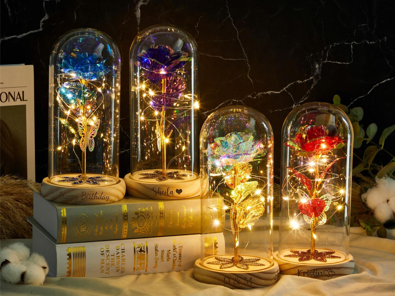 Personalized Galaxy Rose in Glass Dome with LED Light, Eternal Love, Preserved Rose, Gift for Girlfriend, Valentine's Day, Anniversary Gifts