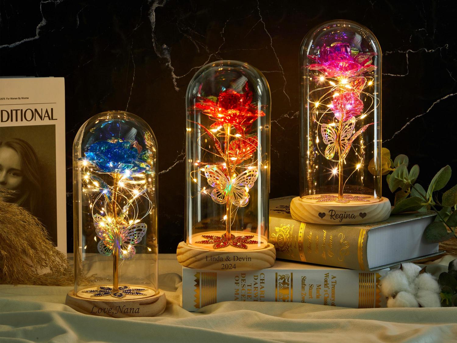 Personalized Galaxy Rose in Glass Dome with LED Light, Eternal Love, Preserved Rose, Gift for Girlfriend, Valentine's Day, Anniversary Gifts