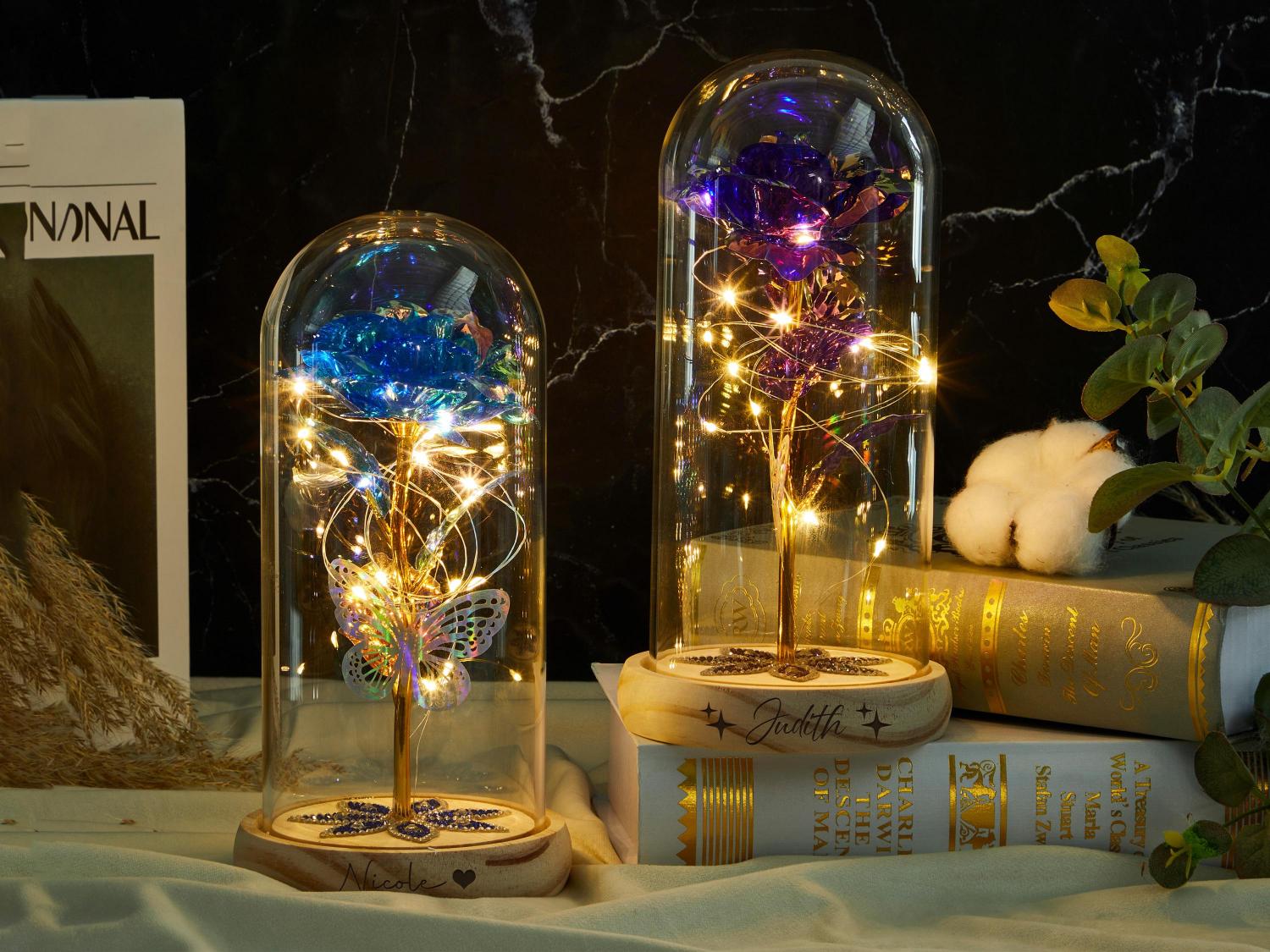 Personalized Galaxy Rose in Glass Dome with LED Light, Eternal Love, Preserved Rose, Gift for Girlfriend, Valentine's Day, Anniversary Gifts