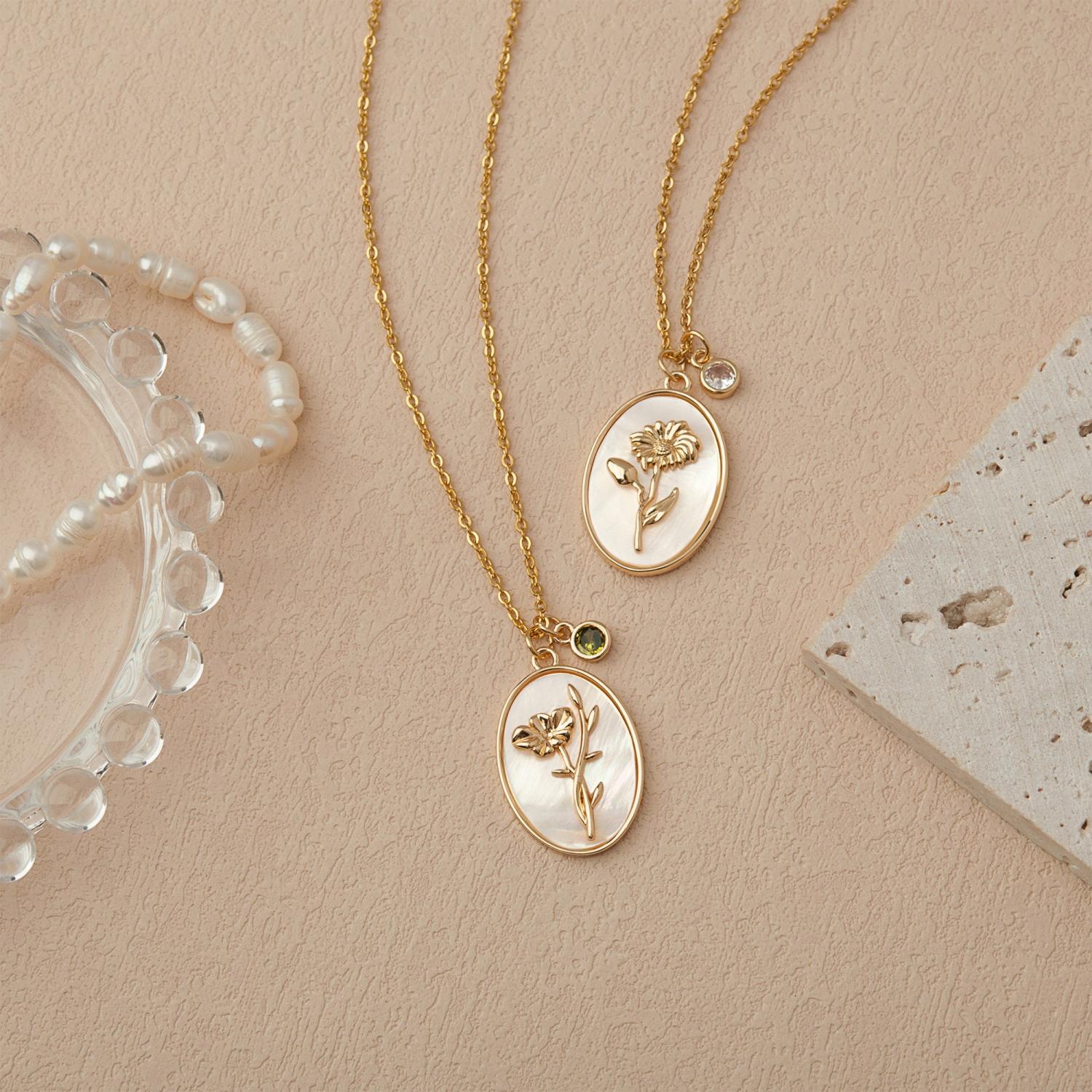 Birth Flower Necklace - Pearl Birth Month Flower Necklace - Birthflower Neckalce with Birthstone - Birthday Gift - Christmas Gifts for Her