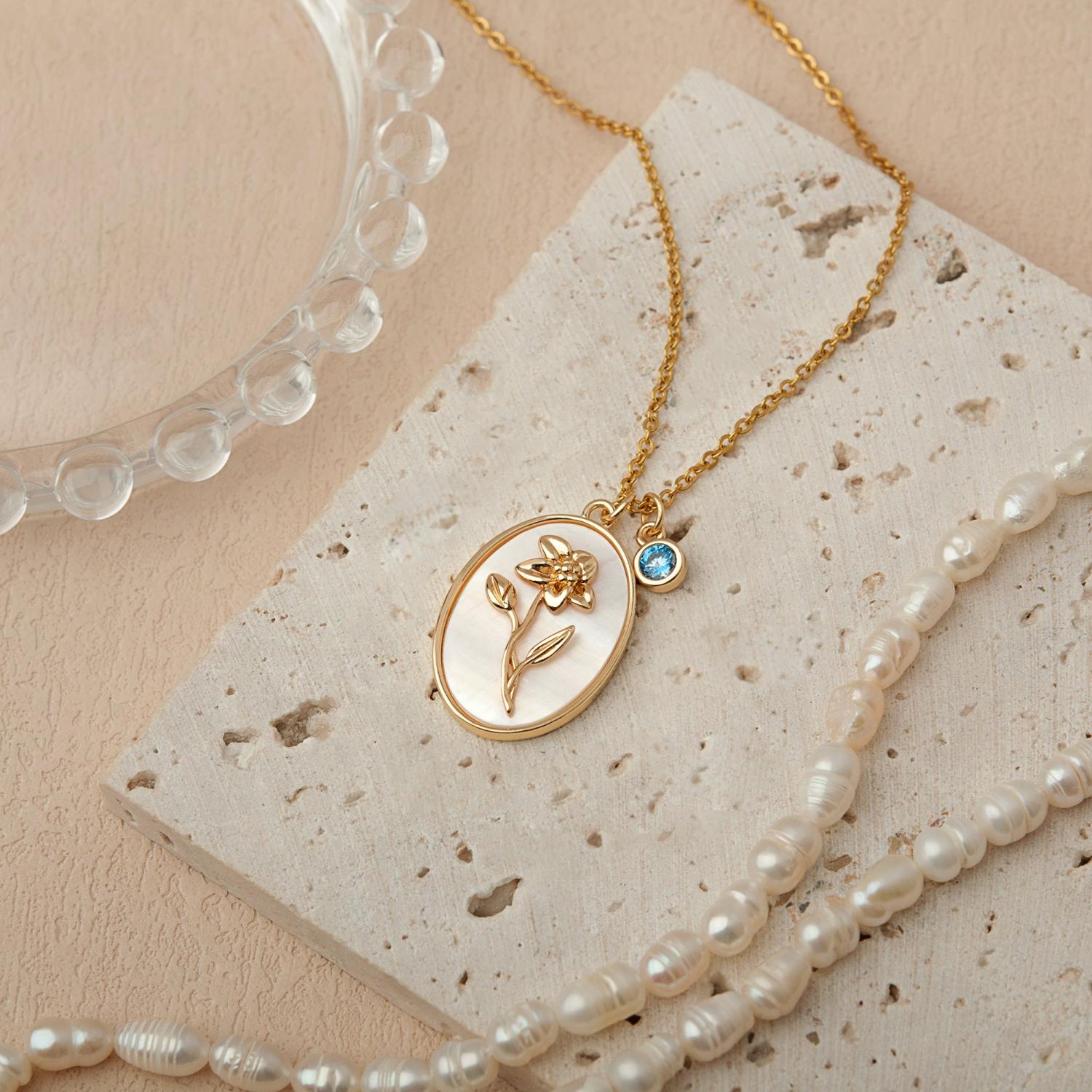 Birth Flower Necklace - Pearl Birth Month Flower Necklace - Birthflower Neckalce with Birthstone - Birthday Gift - Christmas Gifts for Her