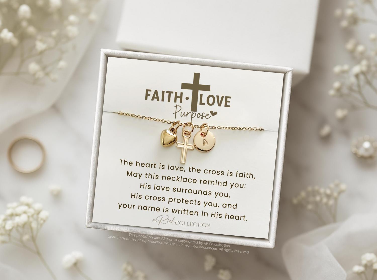 Faith Love Purpose Necklace • Cross & Heart Charm Necklace • Christian Gift for Women Religious Jewelry Gift for Her • Bible Verse Necklace