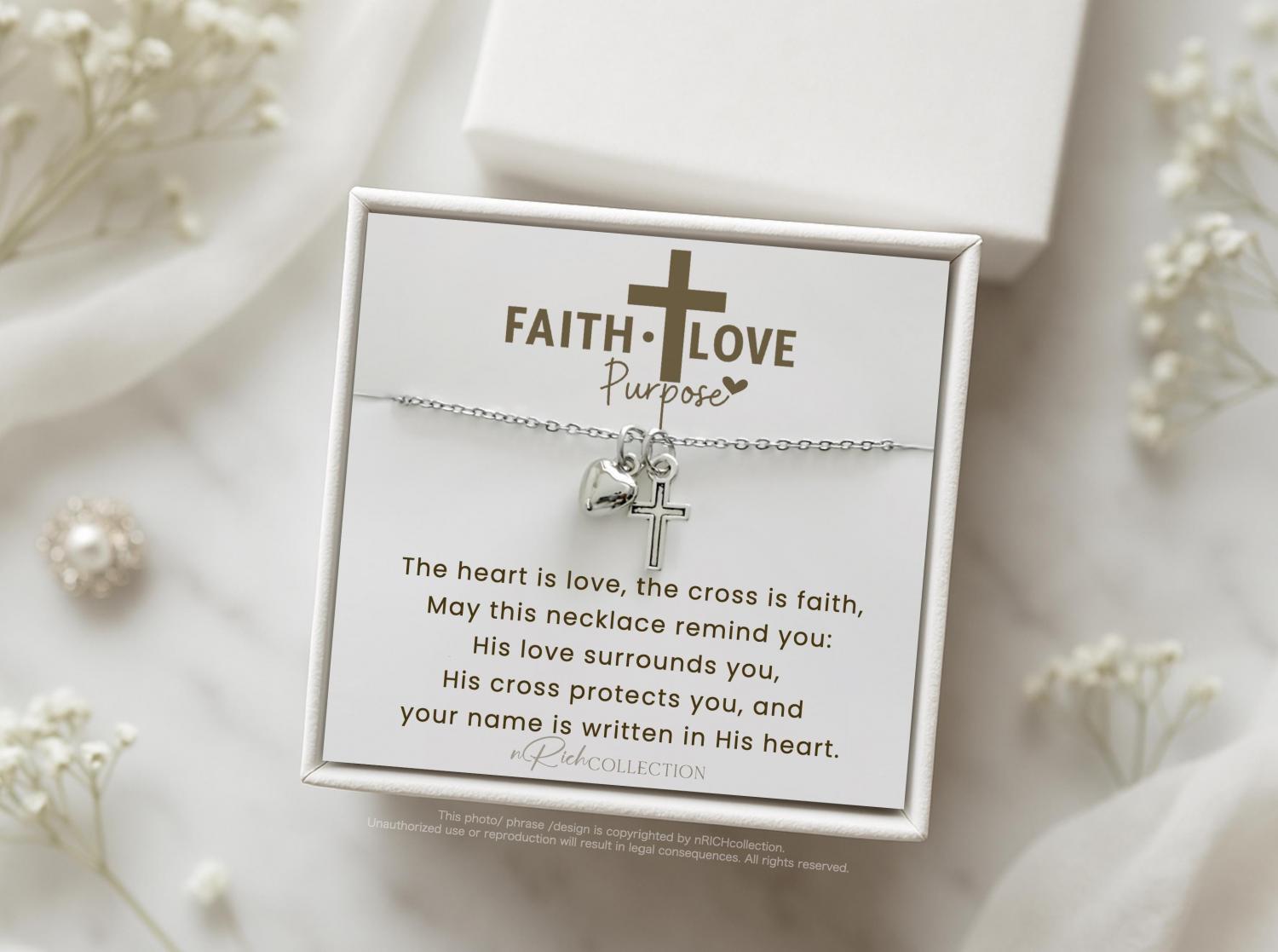 Faith Love Purpose Necklace • Cross & Heart Charm Necklace • Christian Gift for Women Religious Jewelry Gift for Her • Bible Verse Necklace